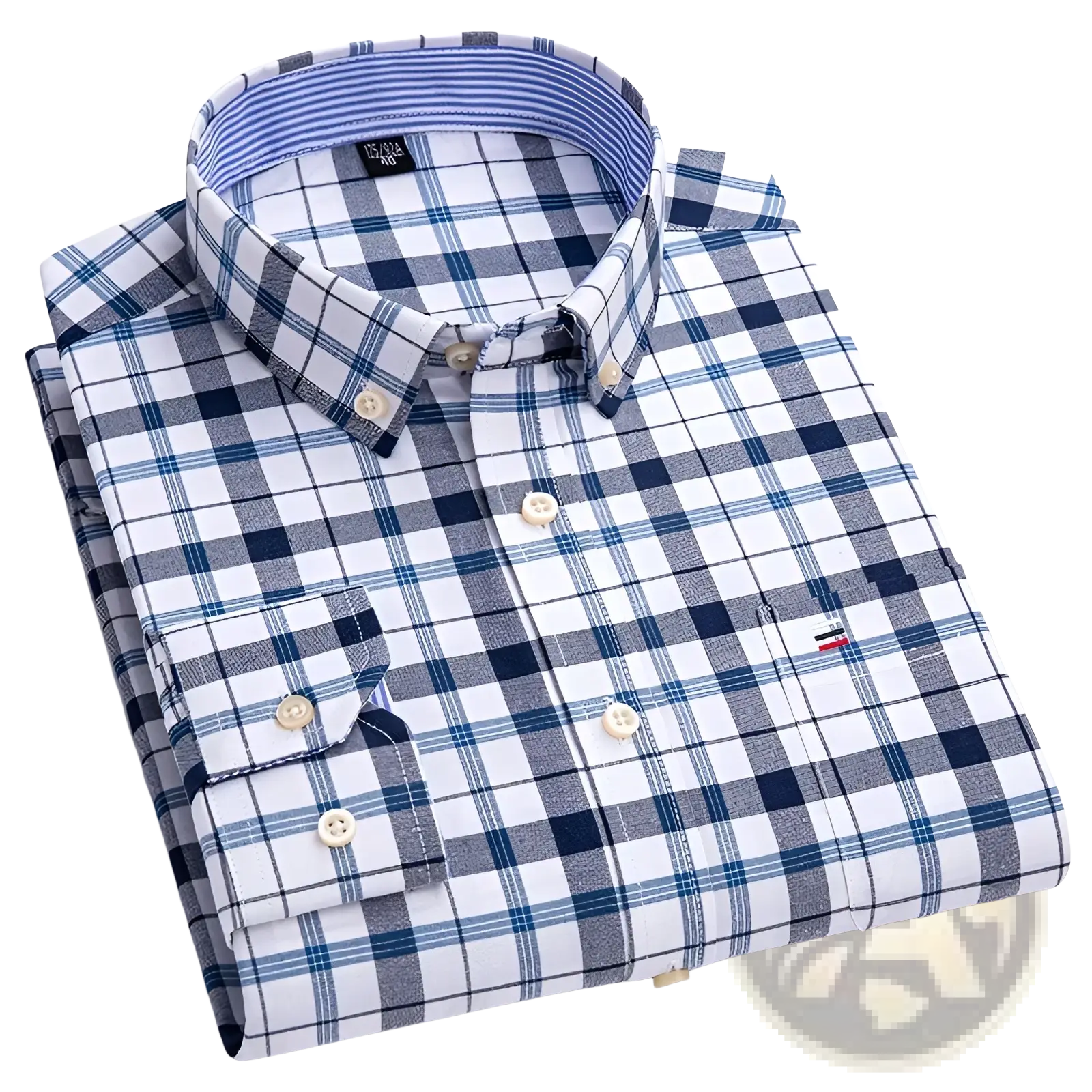 Men plus size cotton oxford plaid shirt featuring blue white and gray button-down design with cream-colored buttons