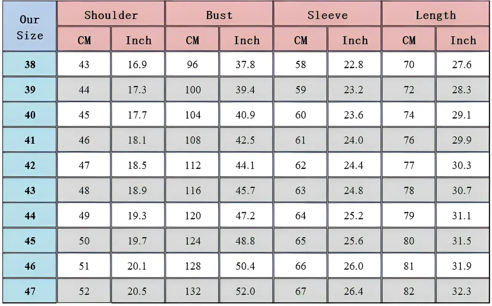 Size chart table showing shoulder bust sleeve and length measurements in cm and inches for men plus size cotton oxford plaid shirt sizes 38 to 47