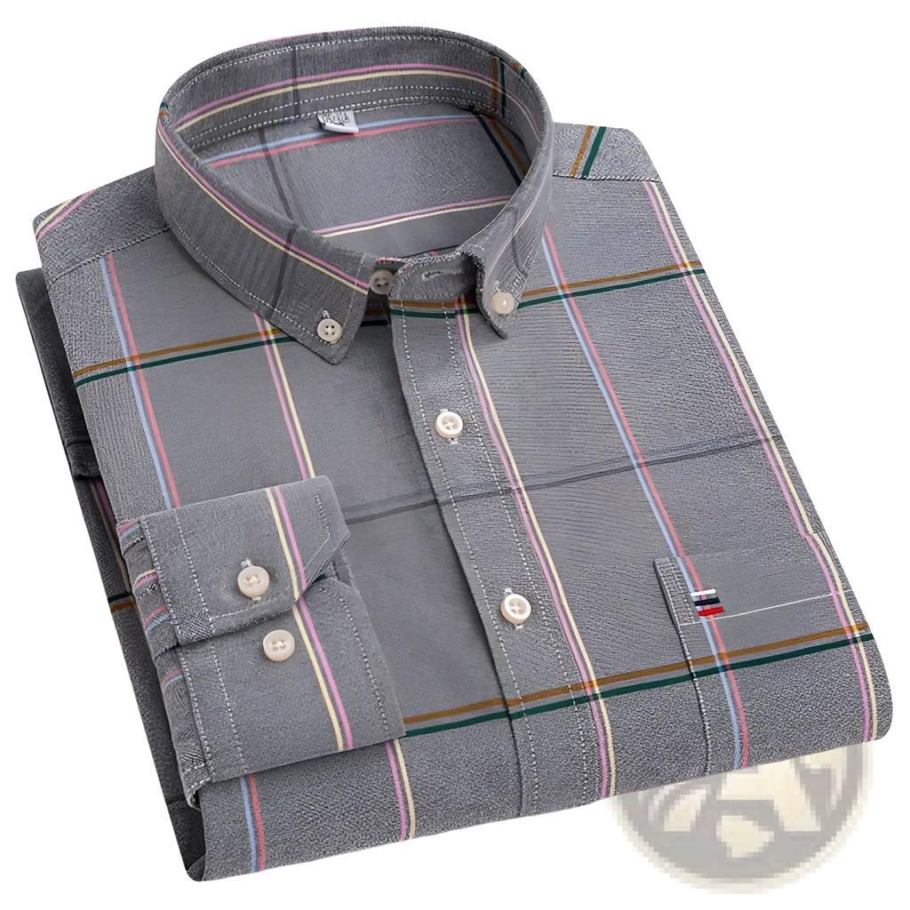 Men plus size cotton oxford plaid shirt in gray with subtle pink blue and green stripes and button down front