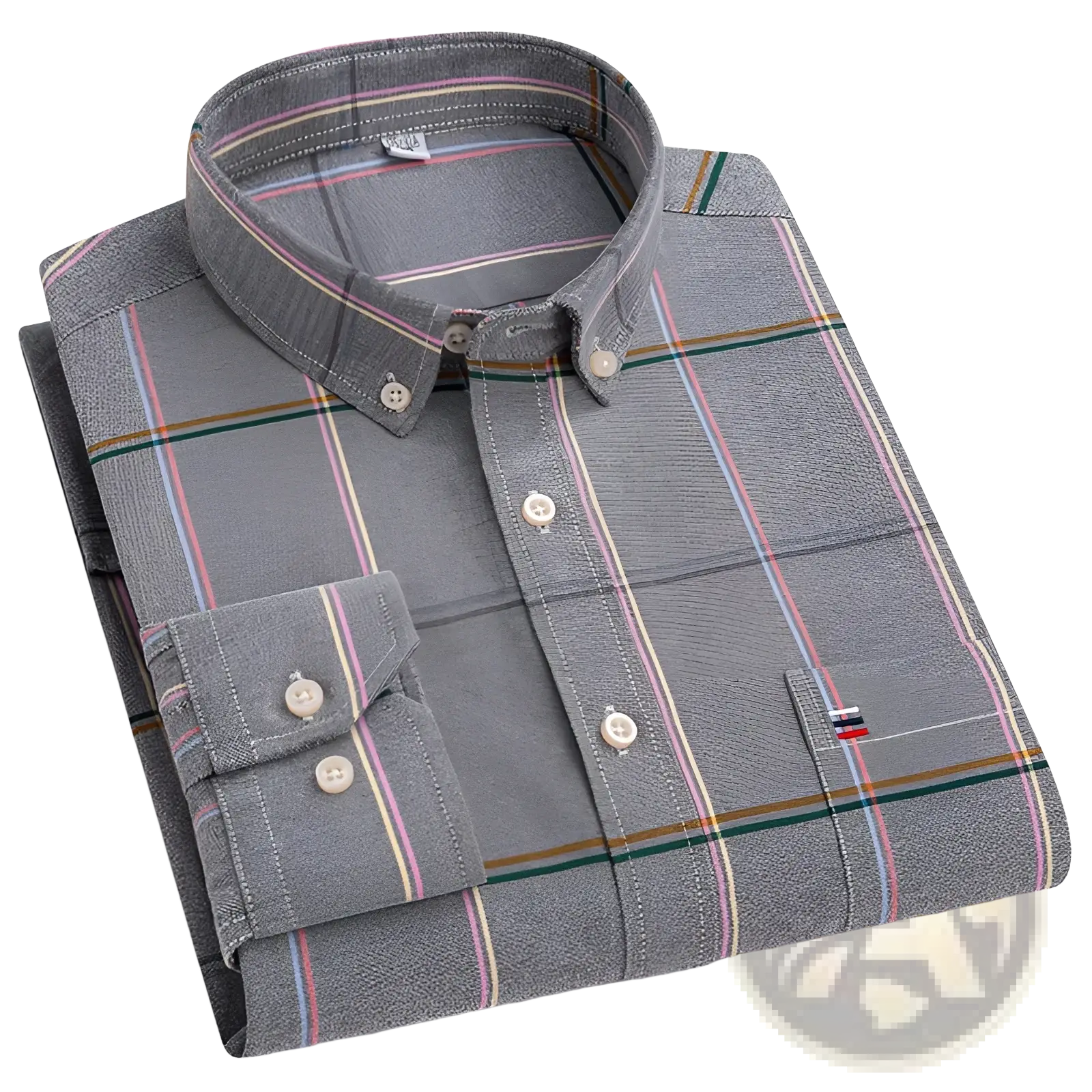 Men plus size cotton oxford plaid shirt in gray with subtle pink blue and green stripes and button down front