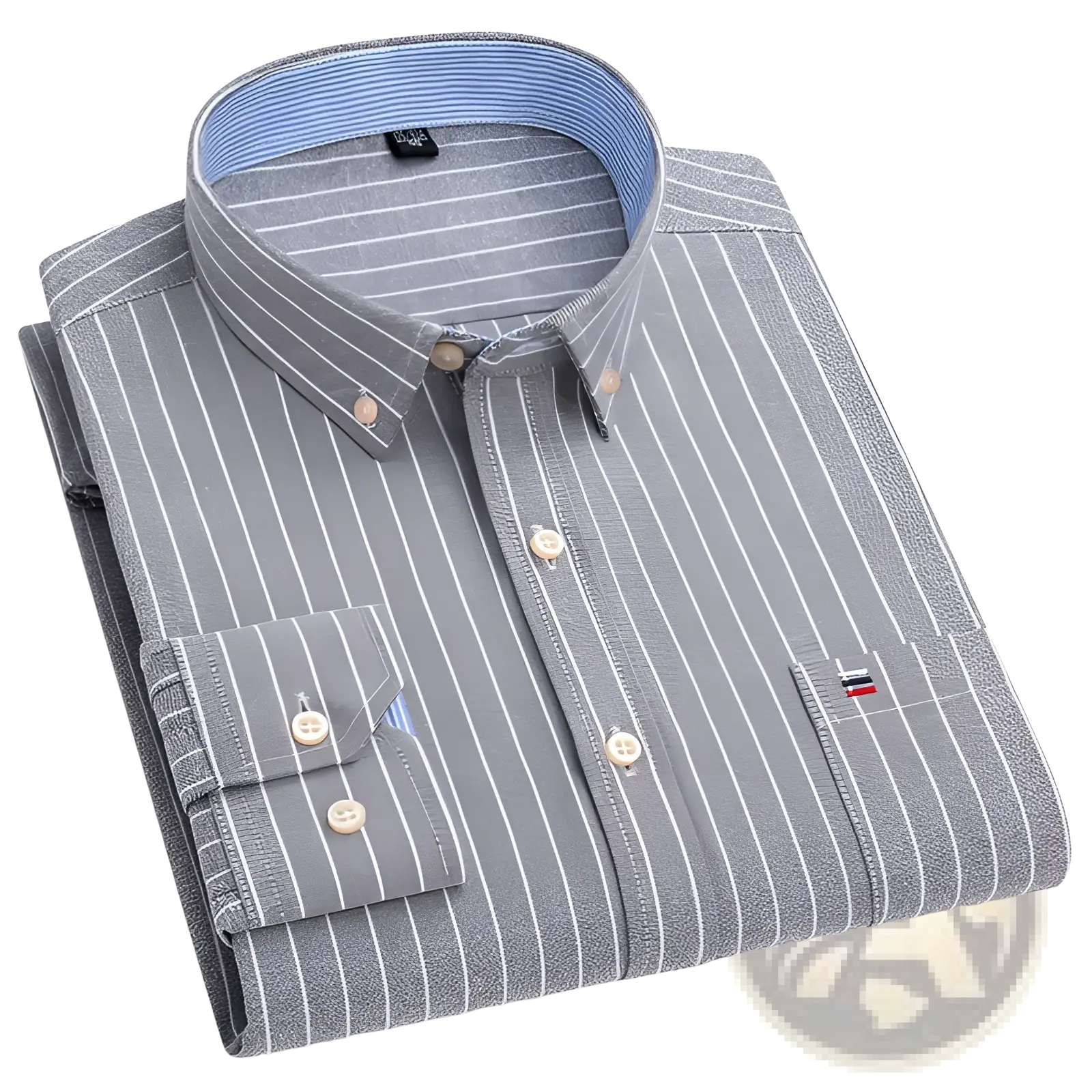Men plus size cotton oxford shirt in gray pinstripe with white vertical stripes light blue inner collar lining and chest logo patch