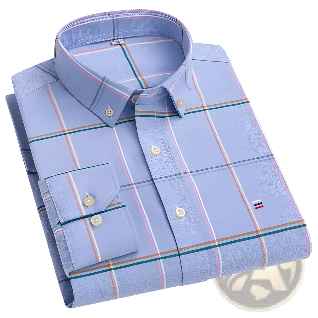 Men plus size cotton oxford plaid shirt in light blue with subtle pink green and beige stripes button down design
