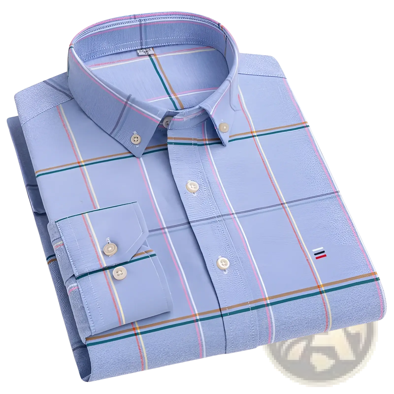 Men plus size cotton oxford plaid shirt in light blue with subtle pink green and beige stripes button down design