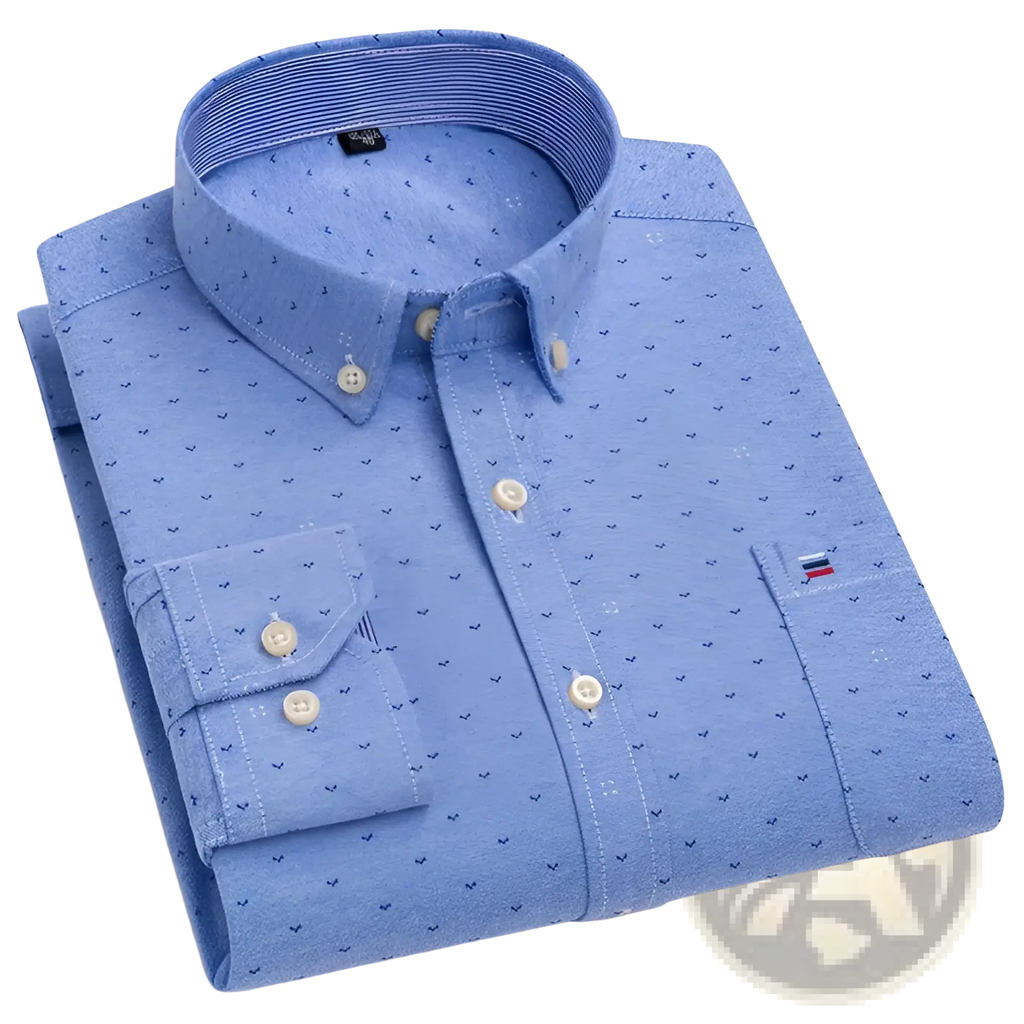 Men plus size cotton oxford plaid shirt in light blue with a subtle dark blue arrow pattern and cream buttons