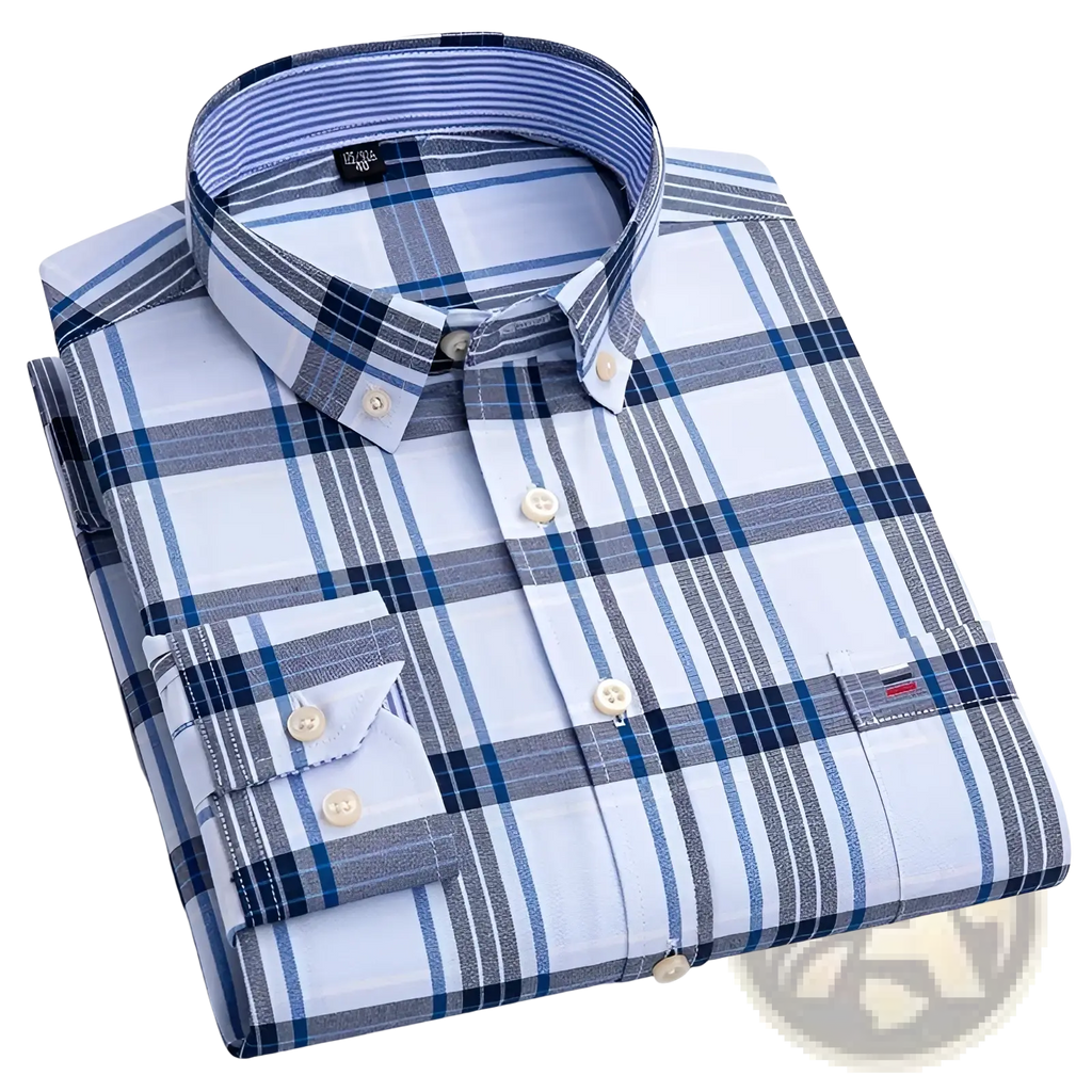 Men plus size cotton oxford plaid shirt neatly folded with blue white gray plaid pattern cream buttons and striped collar lining