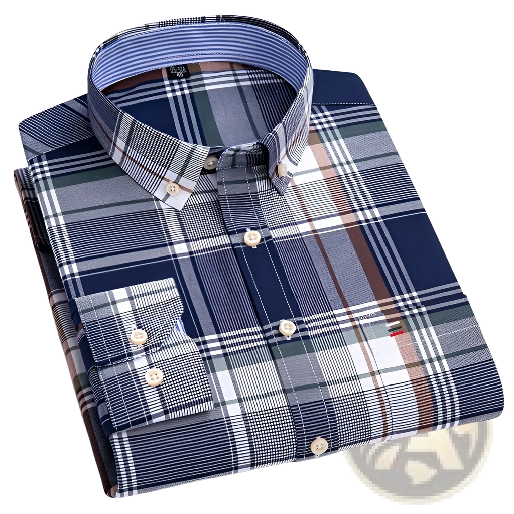 Men plus size cotton oxford plaid shirt neatly folded with classic navy blue white gray and brown pattern and matching buttons