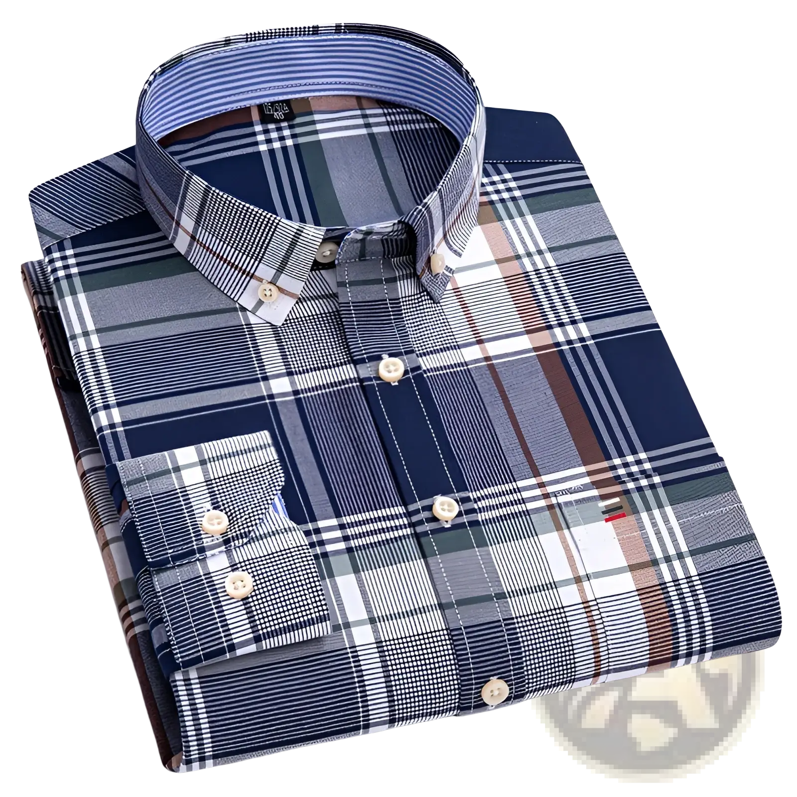 Men plus size cotton oxford plaid shirt neatly folded with classic navy blue white gray and brown pattern and matching buttons