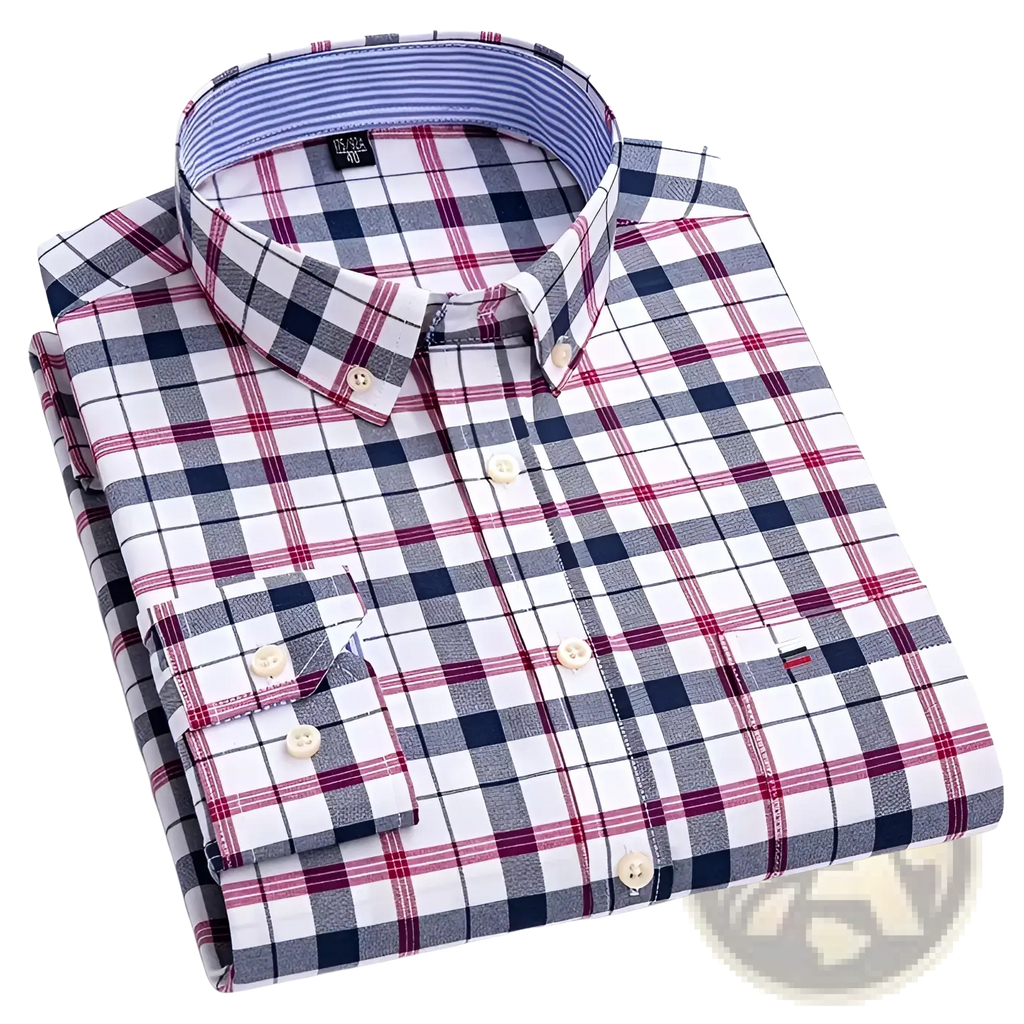 Men plus size cotton oxford plaid shirt neatly folded with classic navy red white and gray button down pattern
