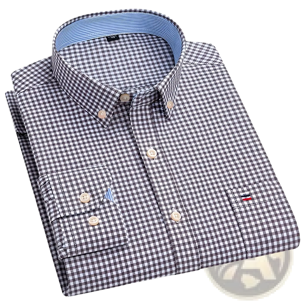 Men plus size cotton oxford plaid shirt with black and white gingham pattern beige buttons and light blue inner collar lining