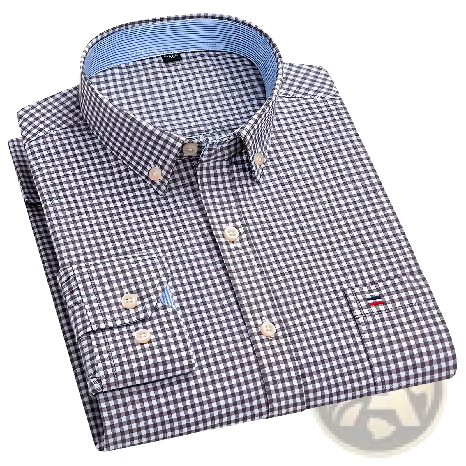 Men plus size cotton oxford plaid shirt with black and white gingham pattern beige buttons and light blue inner collar lining