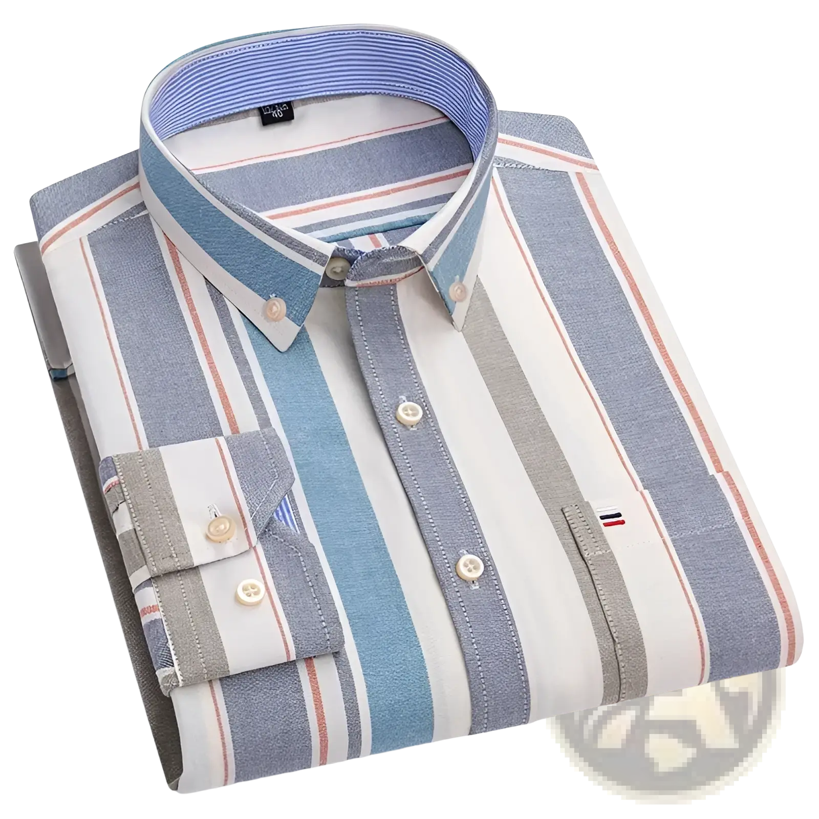 Men plus size cotton oxford plaid shirt neatly folded with vertical stripes in blue gray cream and subtle orange accents