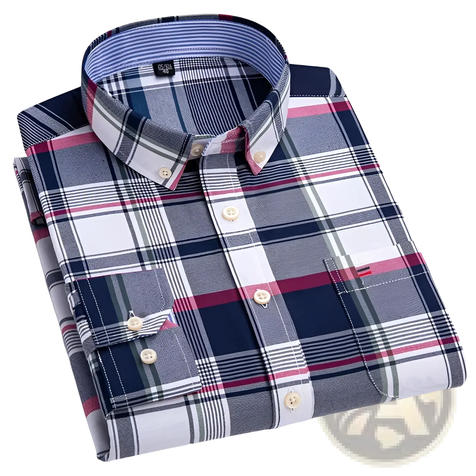 Men plus size cotton oxford plaid shirt neatly folded featuring navy white gray and burgundy with cream buttons