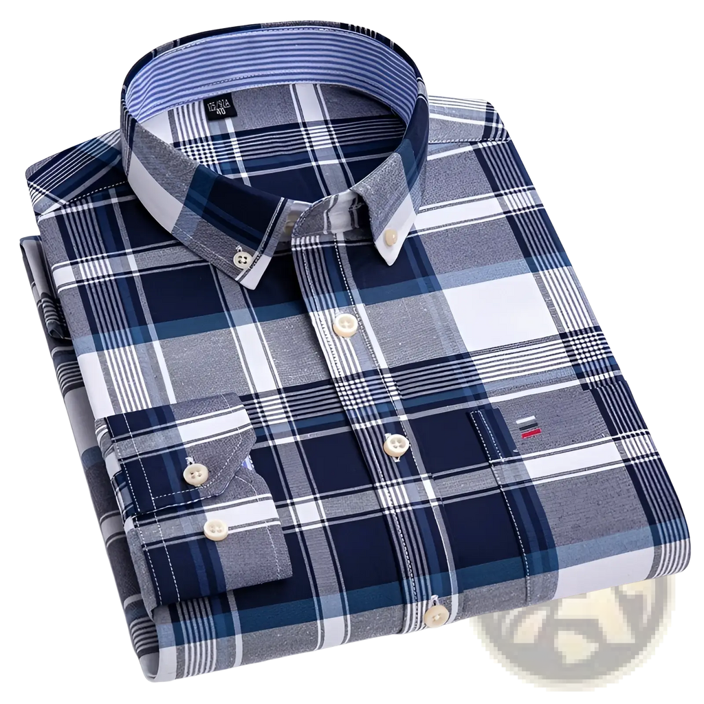 Men plus size cotton oxford plaid shirt neatly folded in classic blue gray and white with cream-colored buttons