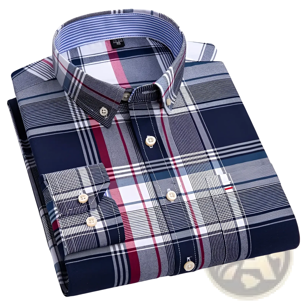 Men plus size cotton oxford plaid shirt neatly folded in navy gray white and red with light-colored buttons