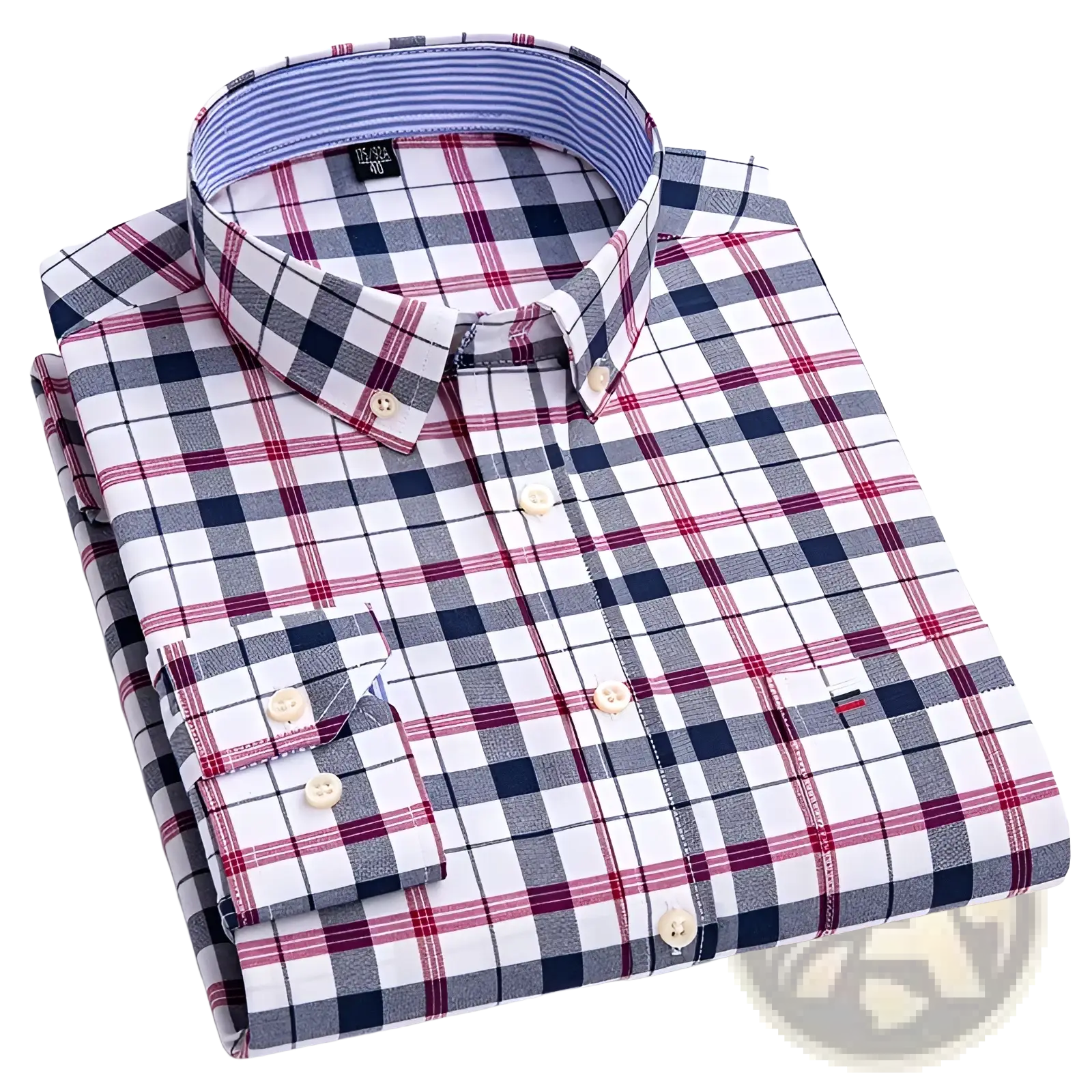 Men plus size cotton oxford plaid shirt neatly folded with long sleeves in white navy blue and red matching buttons