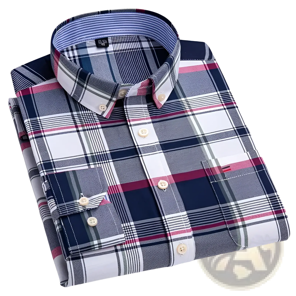 Men plus size cotton oxford plaid shirt in navy gray white and burgundy with contrasting pink collar trim neatly folded