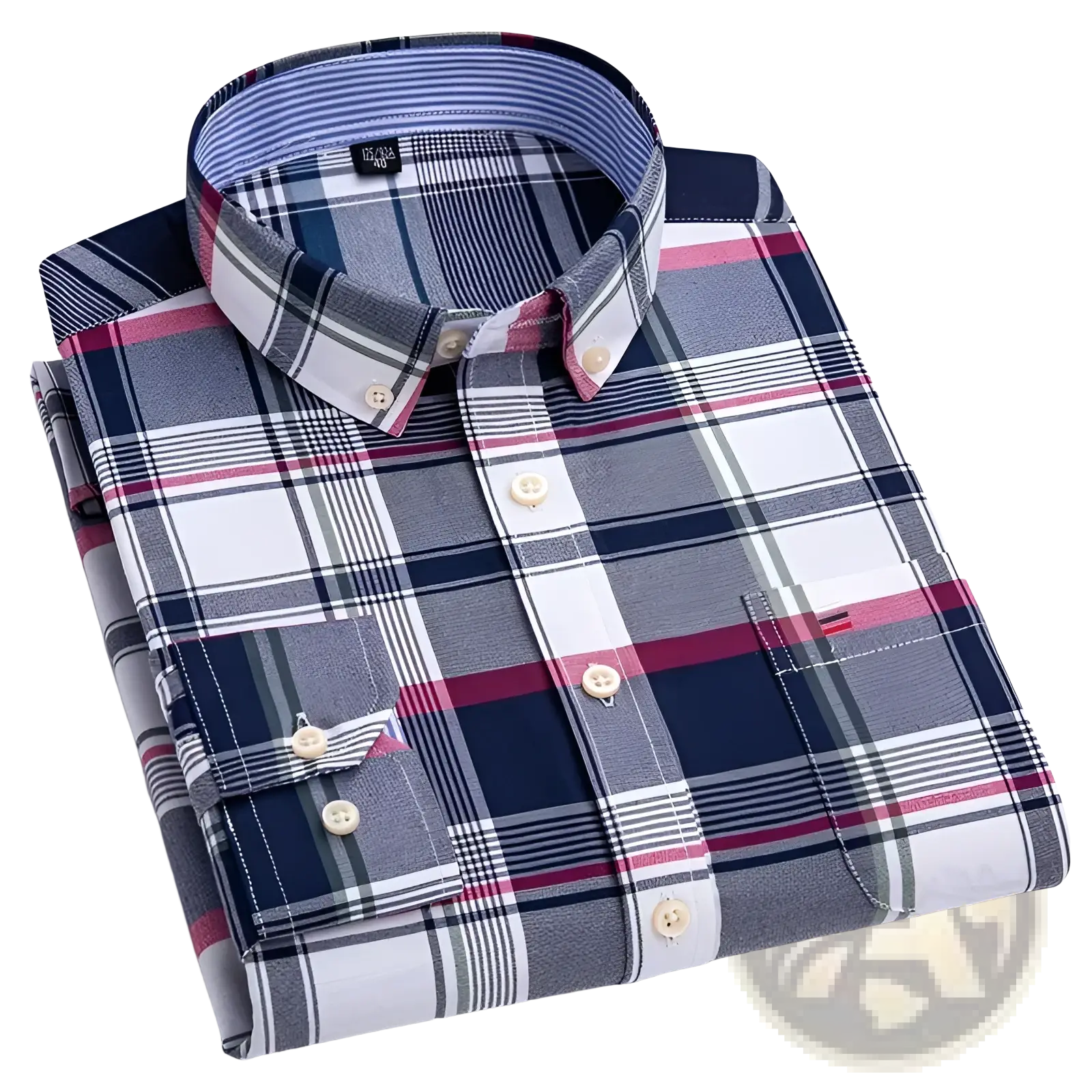 Men plus size cotton oxford plaid shirt in navy gray white and burgundy with contrasting pink collar trim neatly folded