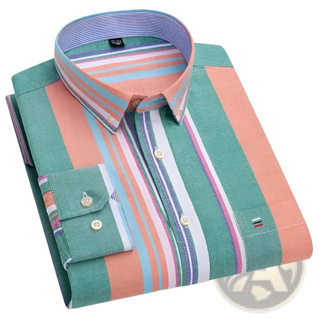 Men plus size cotton oxford plaid shirt neatly folded with bold vertical stripes in teal coral light blue white and purple