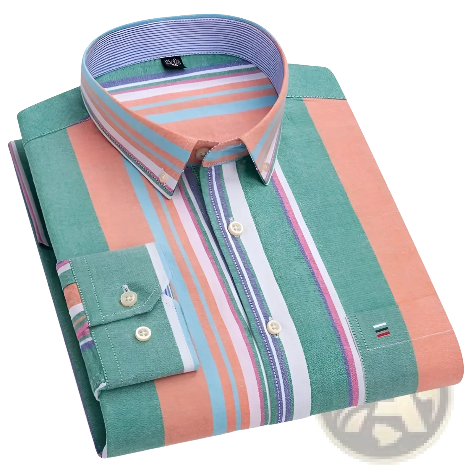 Men plus size cotton oxford plaid shirt neatly folded with bold vertical stripes in teal coral light blue white and purple