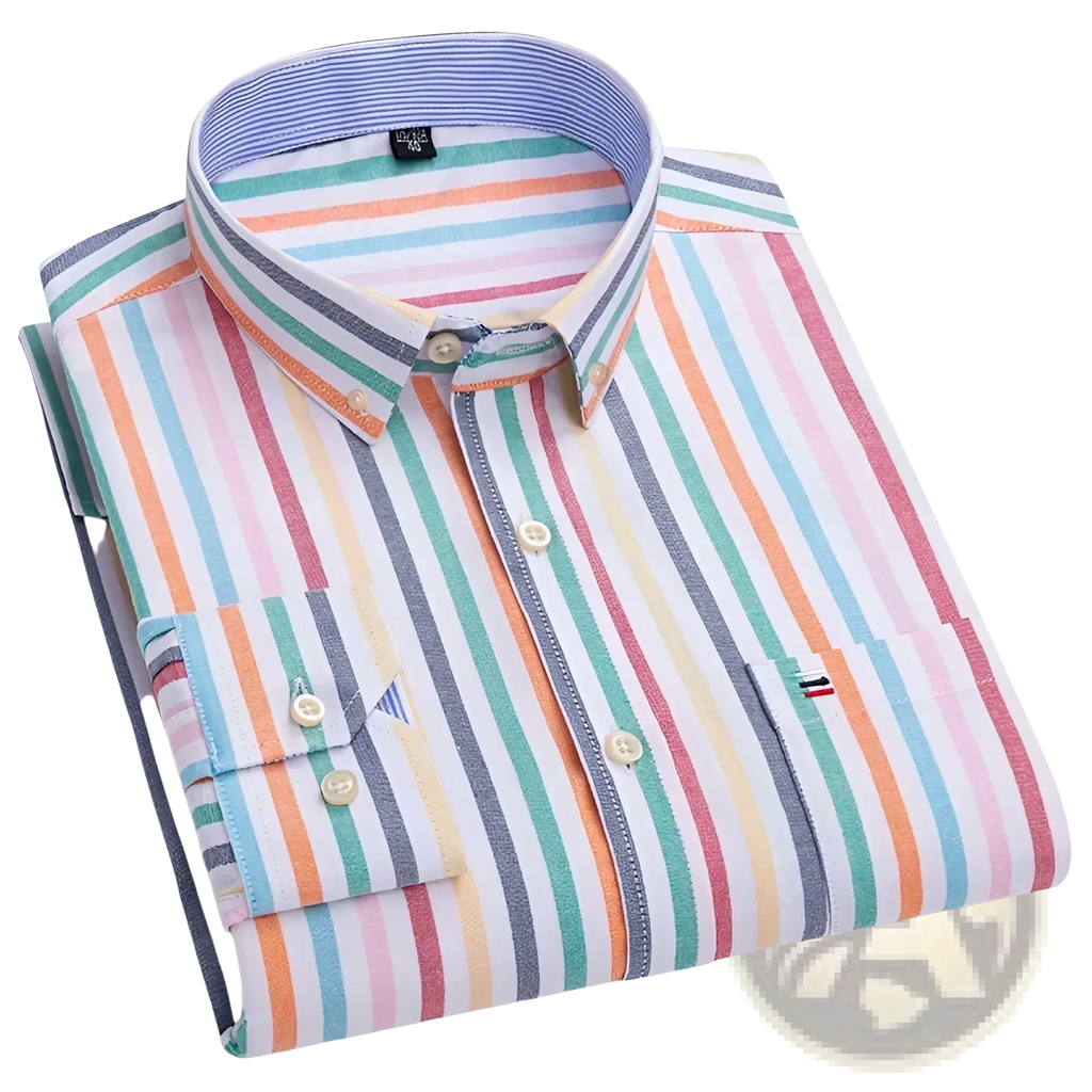 Men plus size cotton oxford plaid shirt with short sleeves neatly folded multicolored pastel vertical stripes