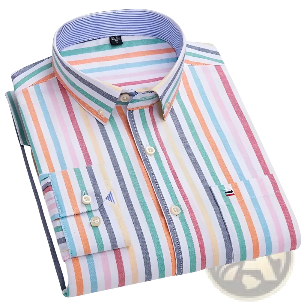 Men plus size cotton oxford plaid shirt neatly folded with vertical pastel stripes in pink blue green orange and white