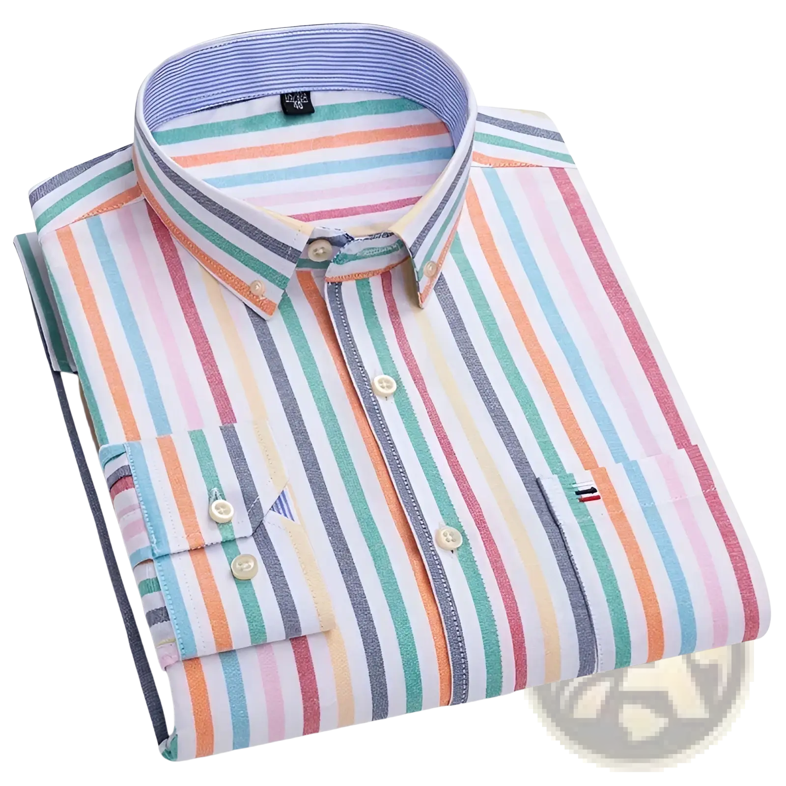 Men plus size cotton oxford plaid shirt neatly folded with vertical pastel stripes in pink blue green orange and white