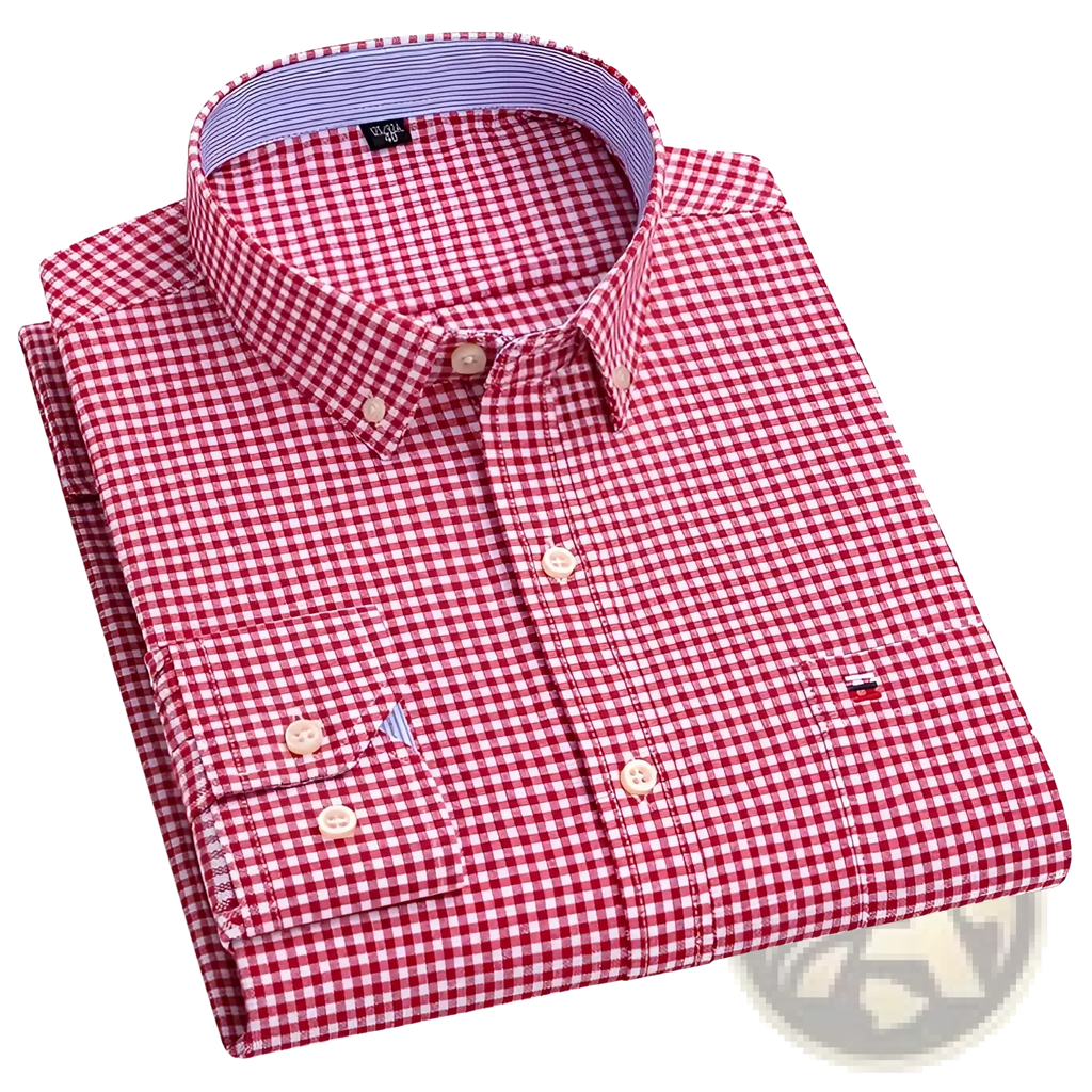 Men plus size cotton oxford plaid shirt in red and white checkered with blue striped inner collar lining