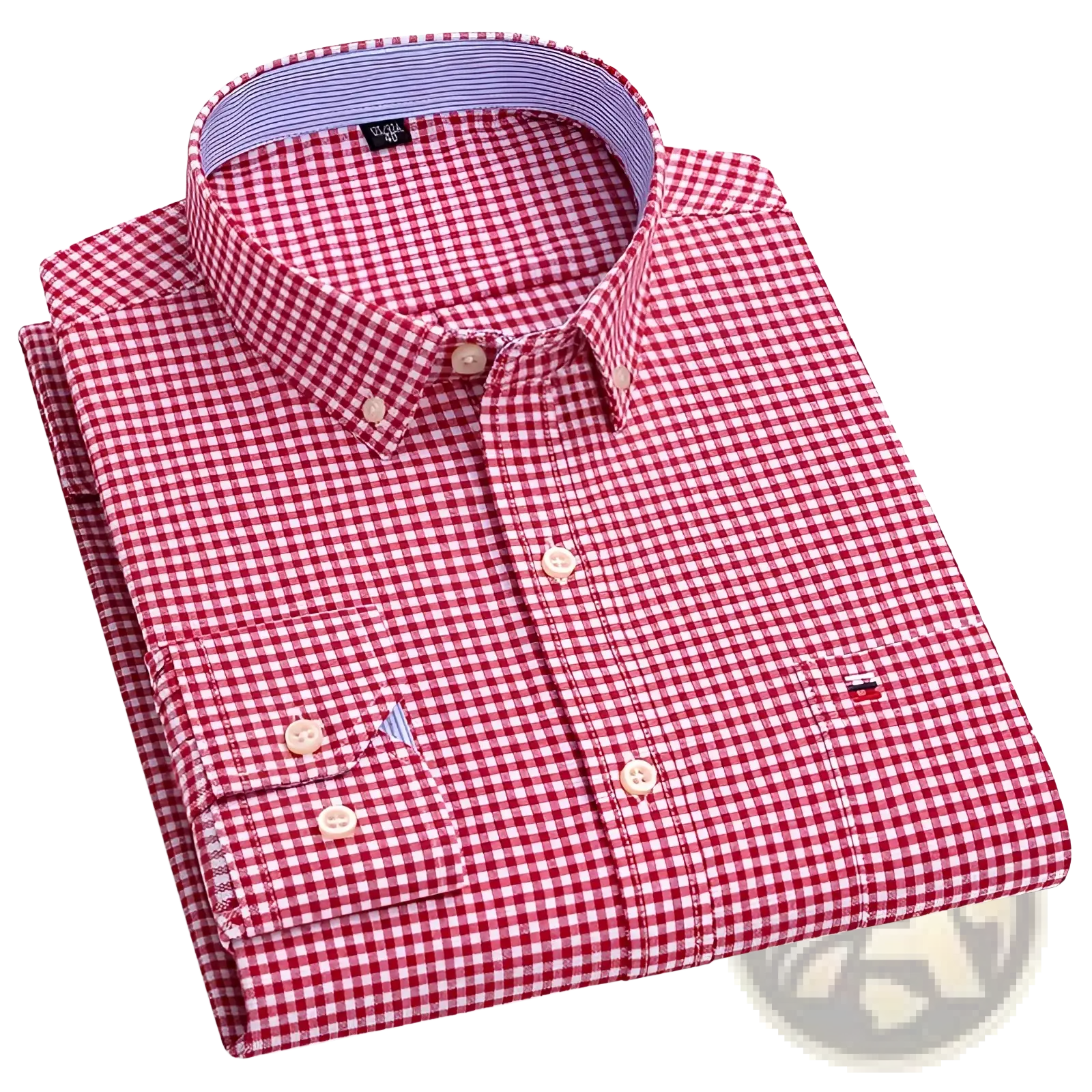 Men plus size cotton oxford plaid shirt in red and white checkered with blue striped inner collar lining
