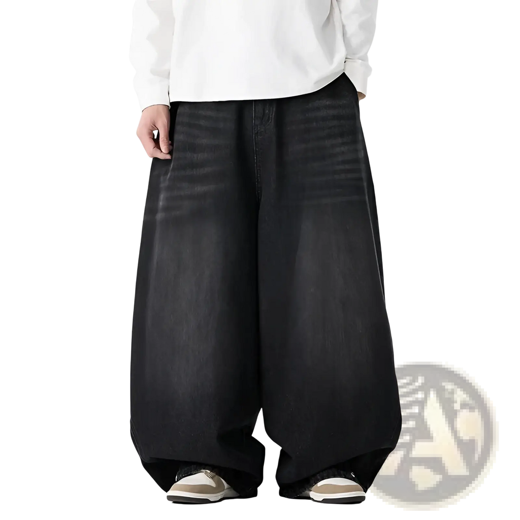 Men plus size Japanese retro wide leg jeans in black denim with a relaxed flowing silhouette for casual wear