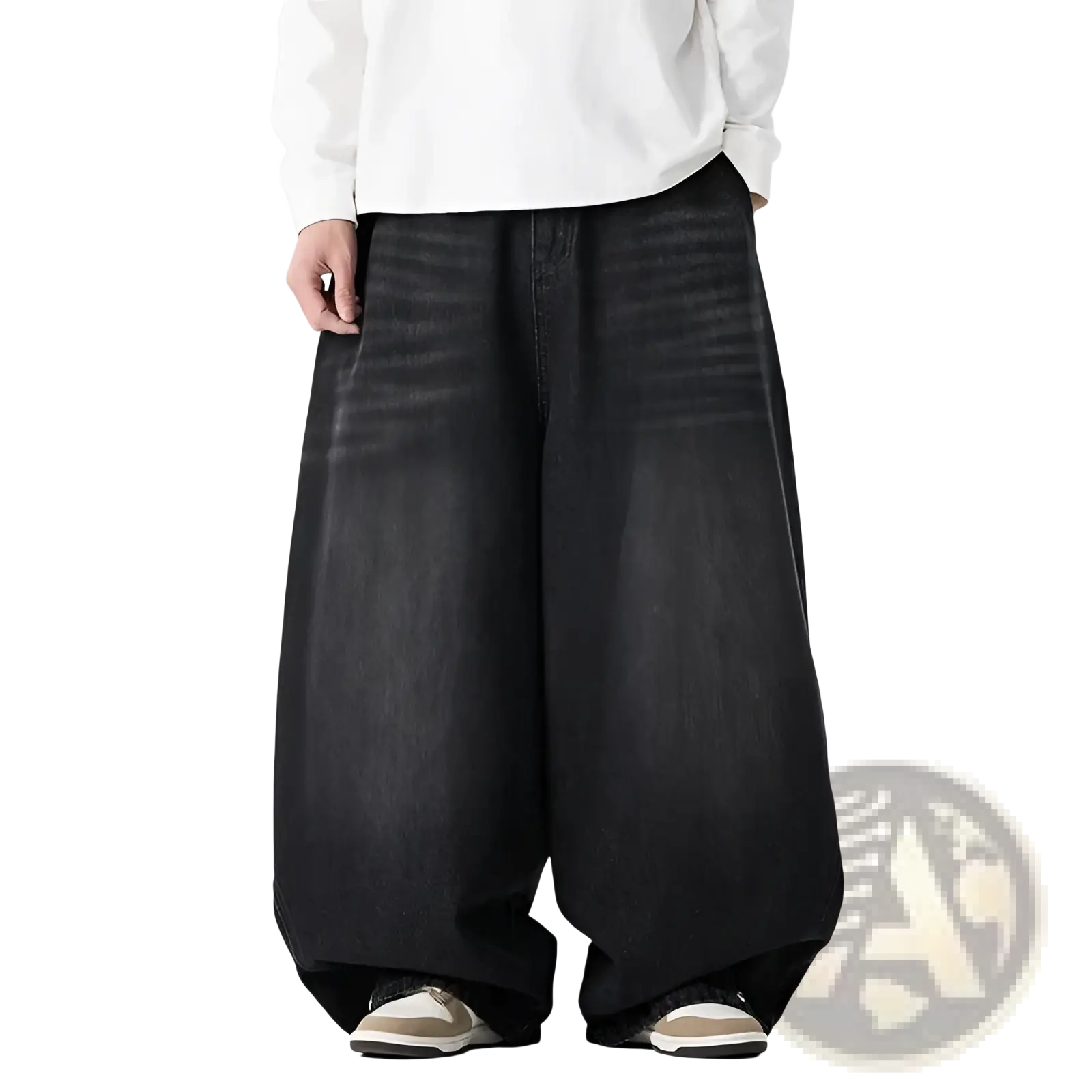 Men plus size Japanese retro wide leg jeans in black denim with a relaxed flowing silhouette for casual wear