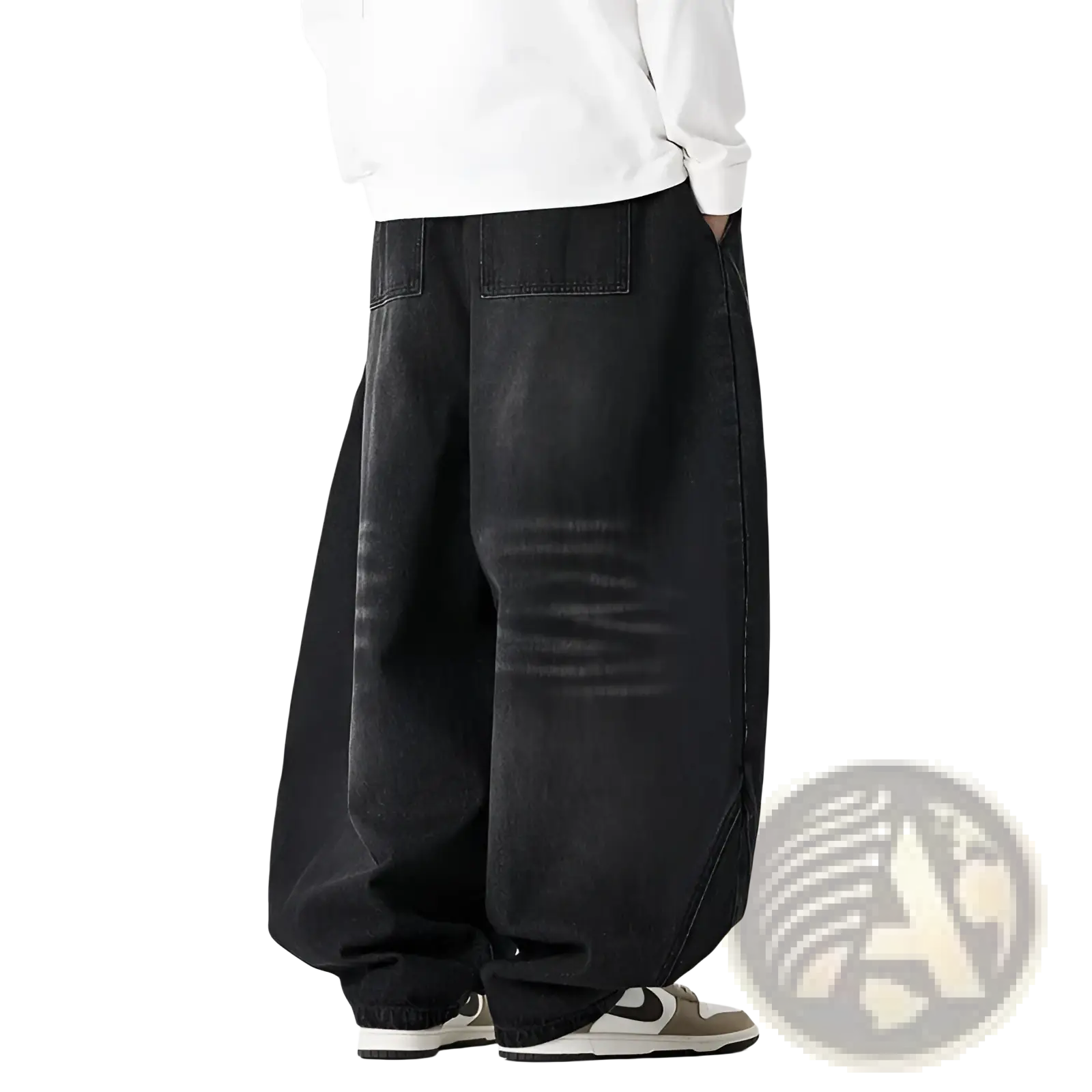 Men plus size Japanese retro wide leg jeans in black denim with a relaxed oversized fit and subtle fading details
