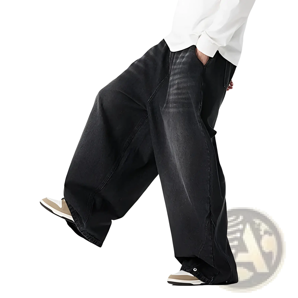 Men plus size japanese retro wide leg jeans black denim with relaxed oversized fit and subtle fading details