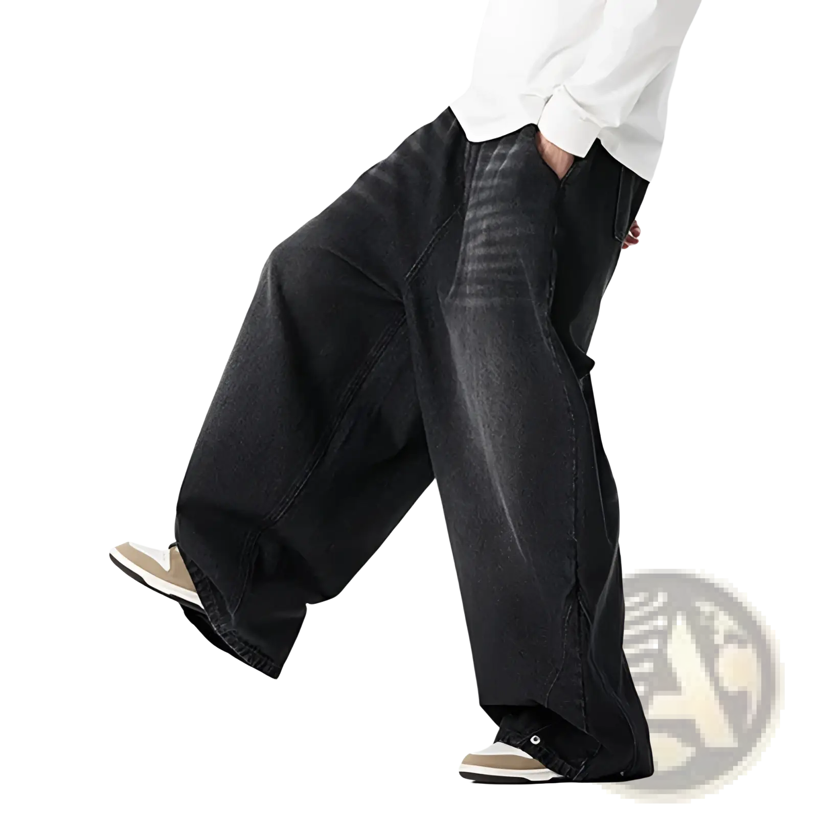 Men plus size japanese retro wide leg jeans black denim with relaxed oversized fit and subtle fading details
