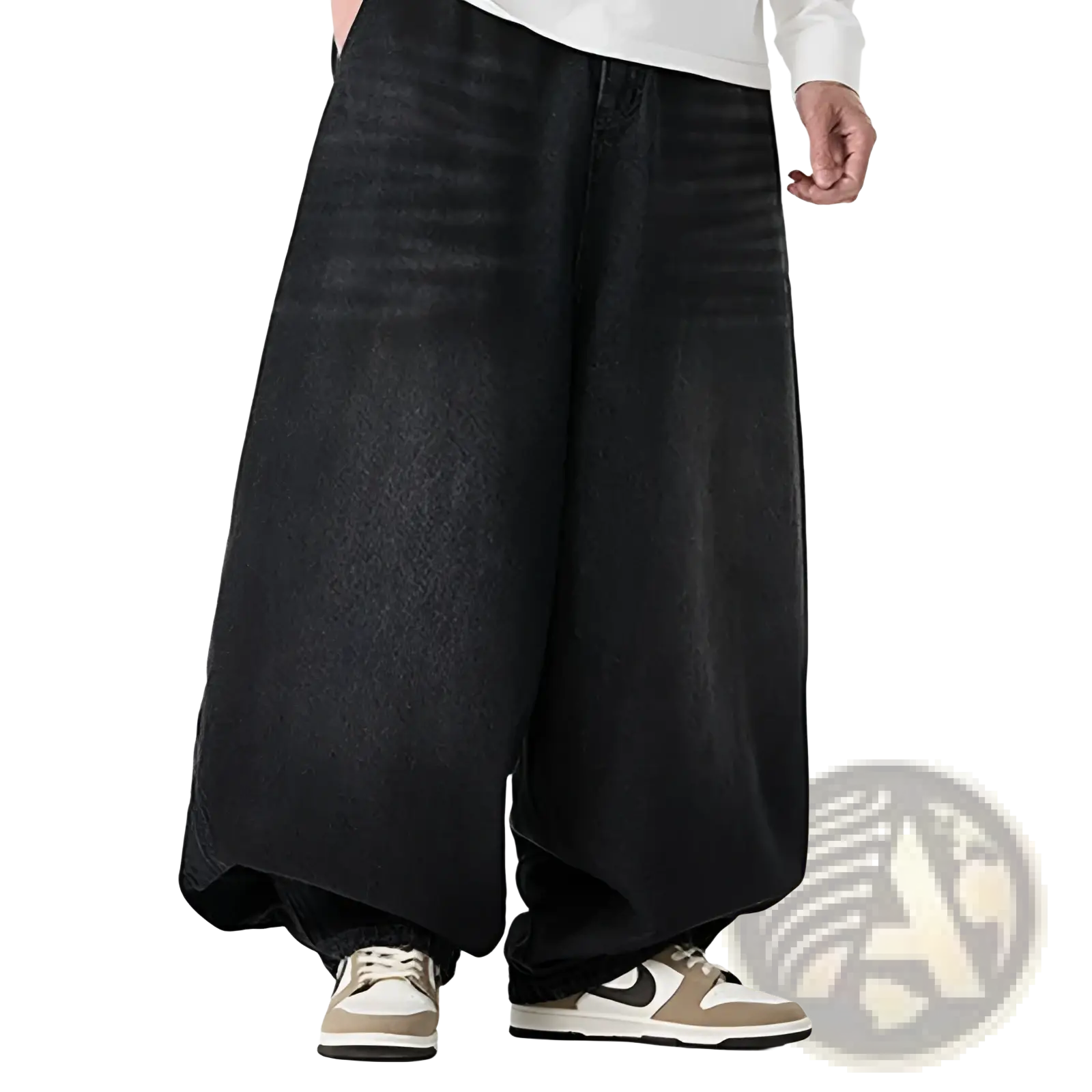 Men plus size japanese retro wide leg jeans black denim pants with relaxed oversized fit and subtle faded texture