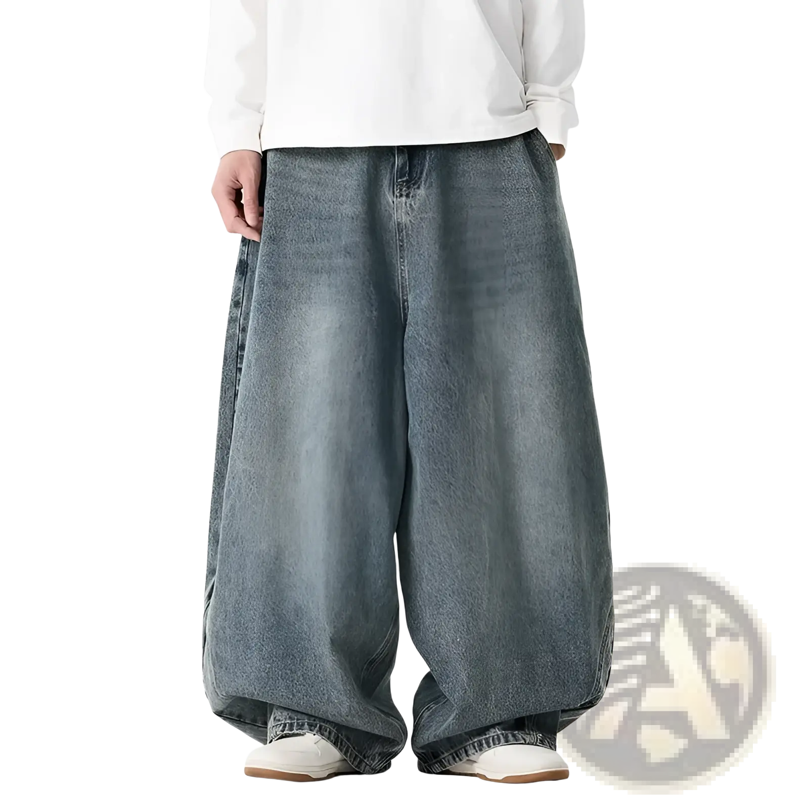 Men plus size Japanese retro wide leg jeans in faded blue denim with a relaxed loose fit wide leg design