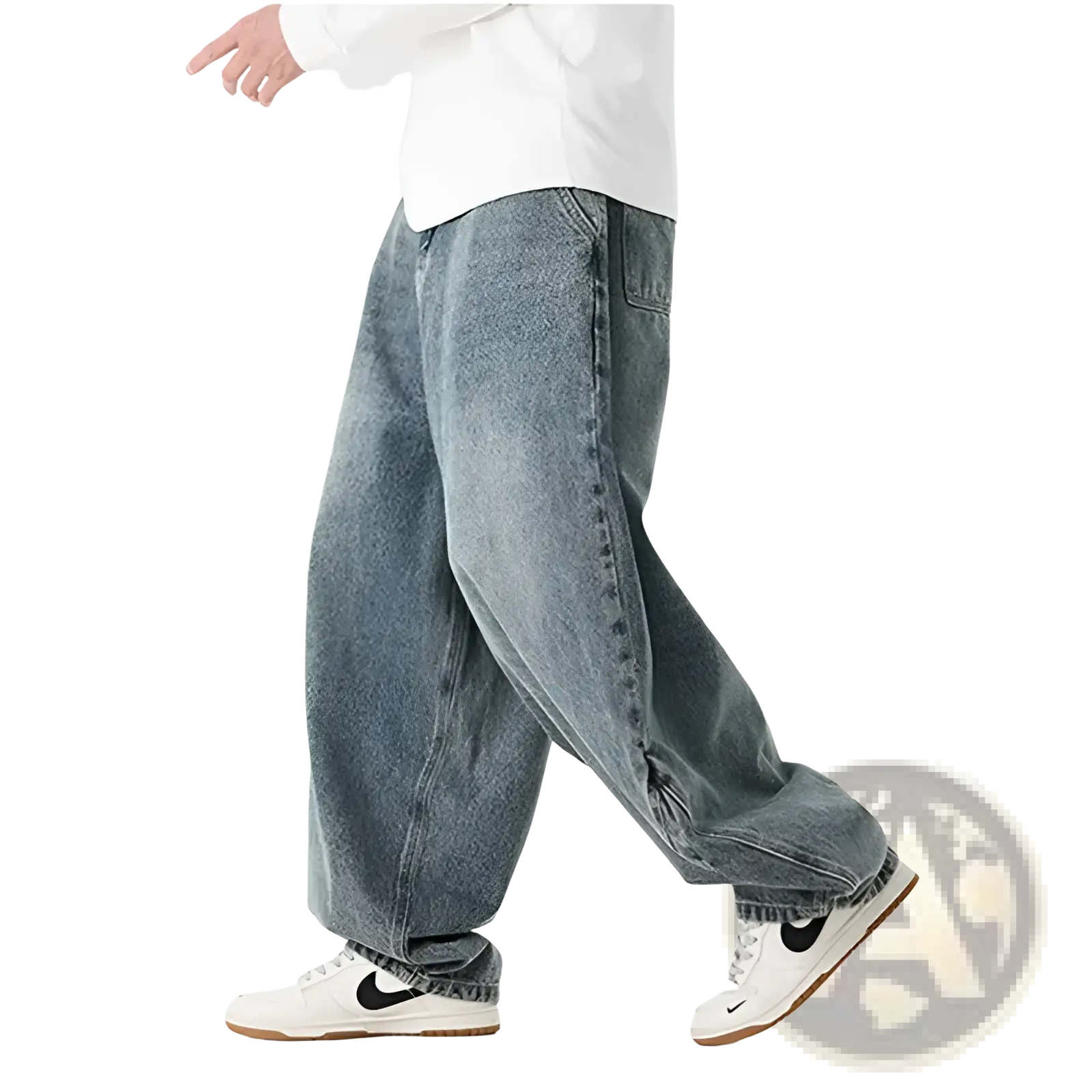 Men plus size Japanese retro wide leg jeans in loose fit with washed blue denim and natural faded effect