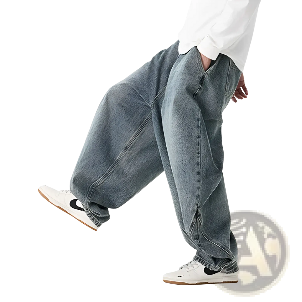 Men plus size Japanese retro wide leg jeans in soft washed blue denim with a loose fit and good drape
