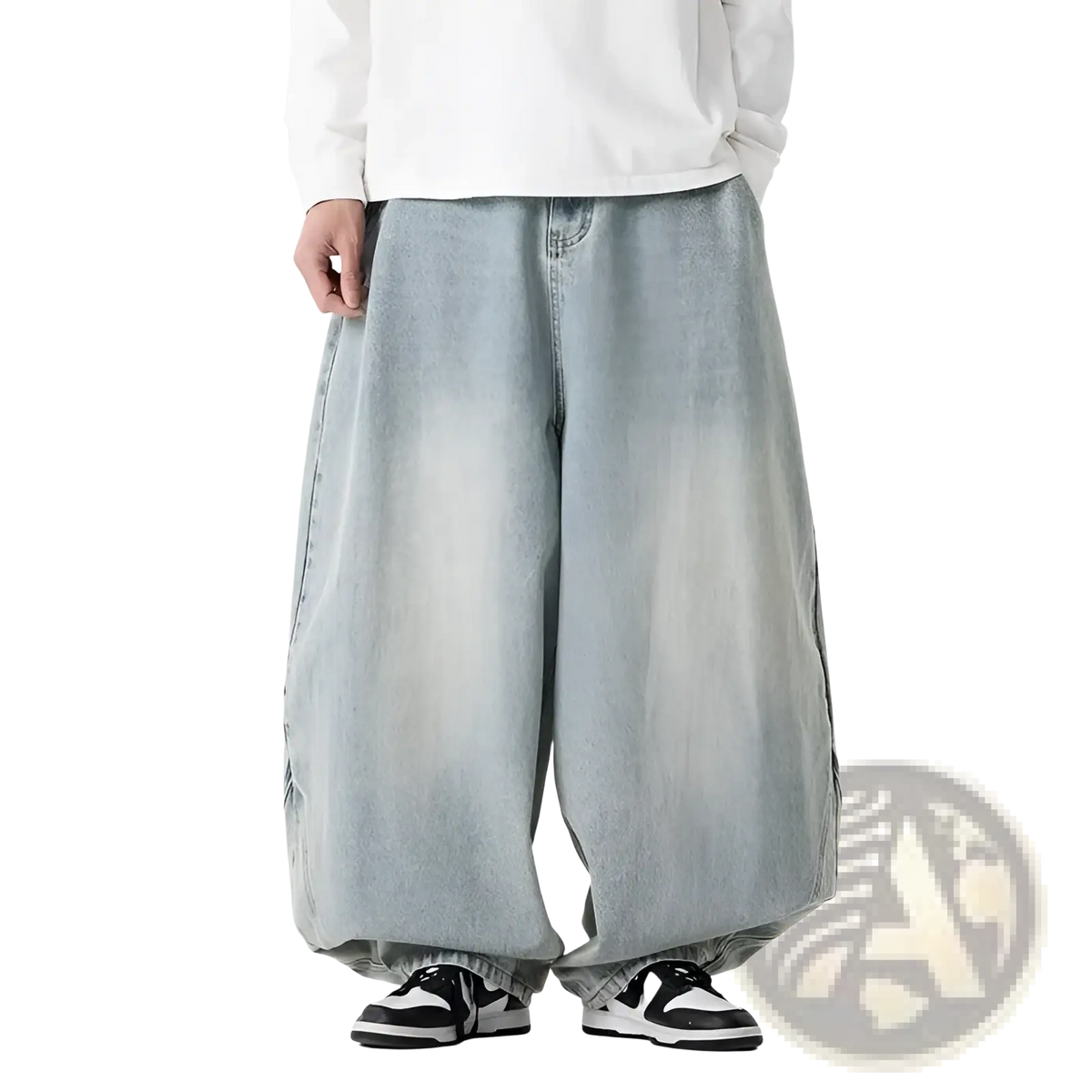 Men plus size Japanese retro light-wash denim jeans with wide loose fit and faded distressing in cotton material