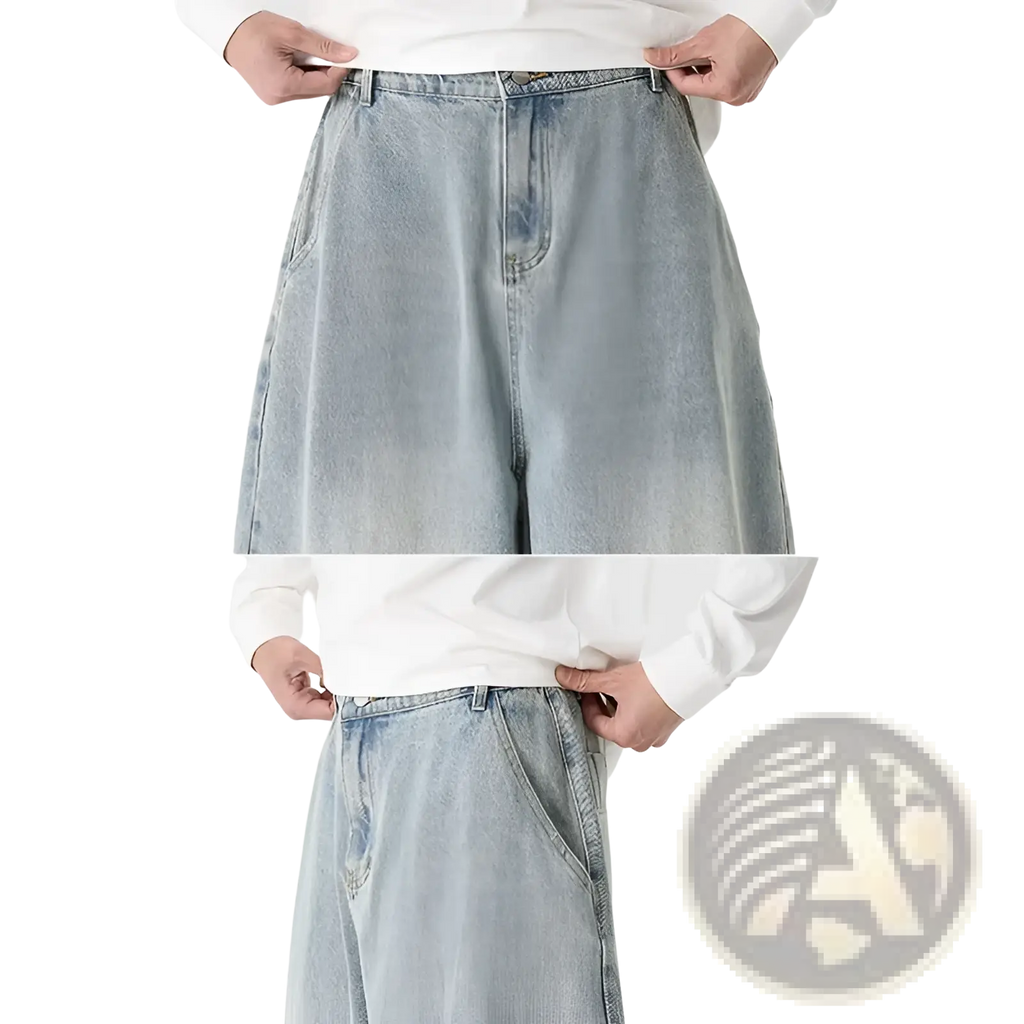 Men plus size japanese retro wide leg jeans in light-wash denim with a relaxed high-rise fit and classic front pockets