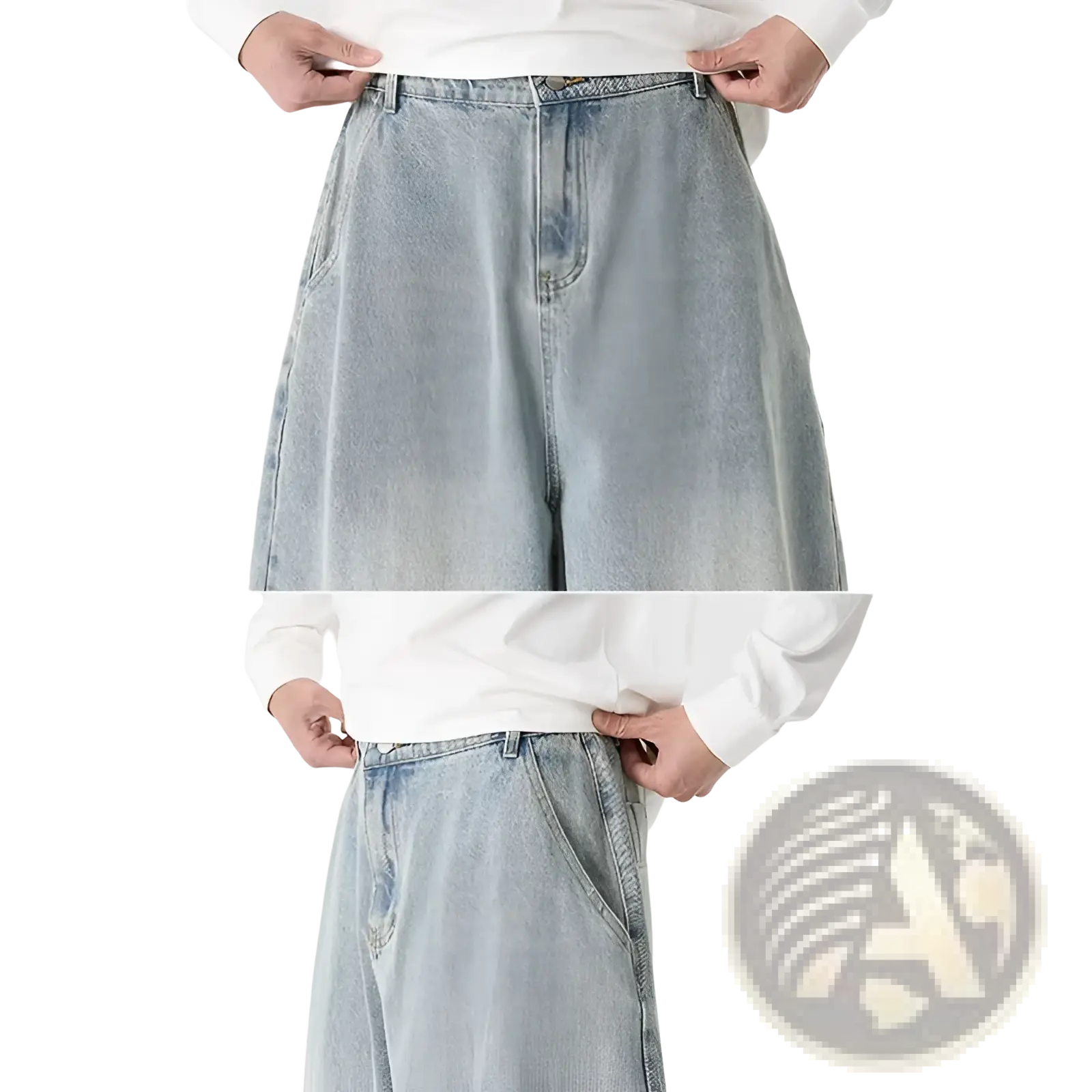 Men plus size japanese retro wide leg jeans in light-wash denim with a relaxed high-rise fit and classic front pockets