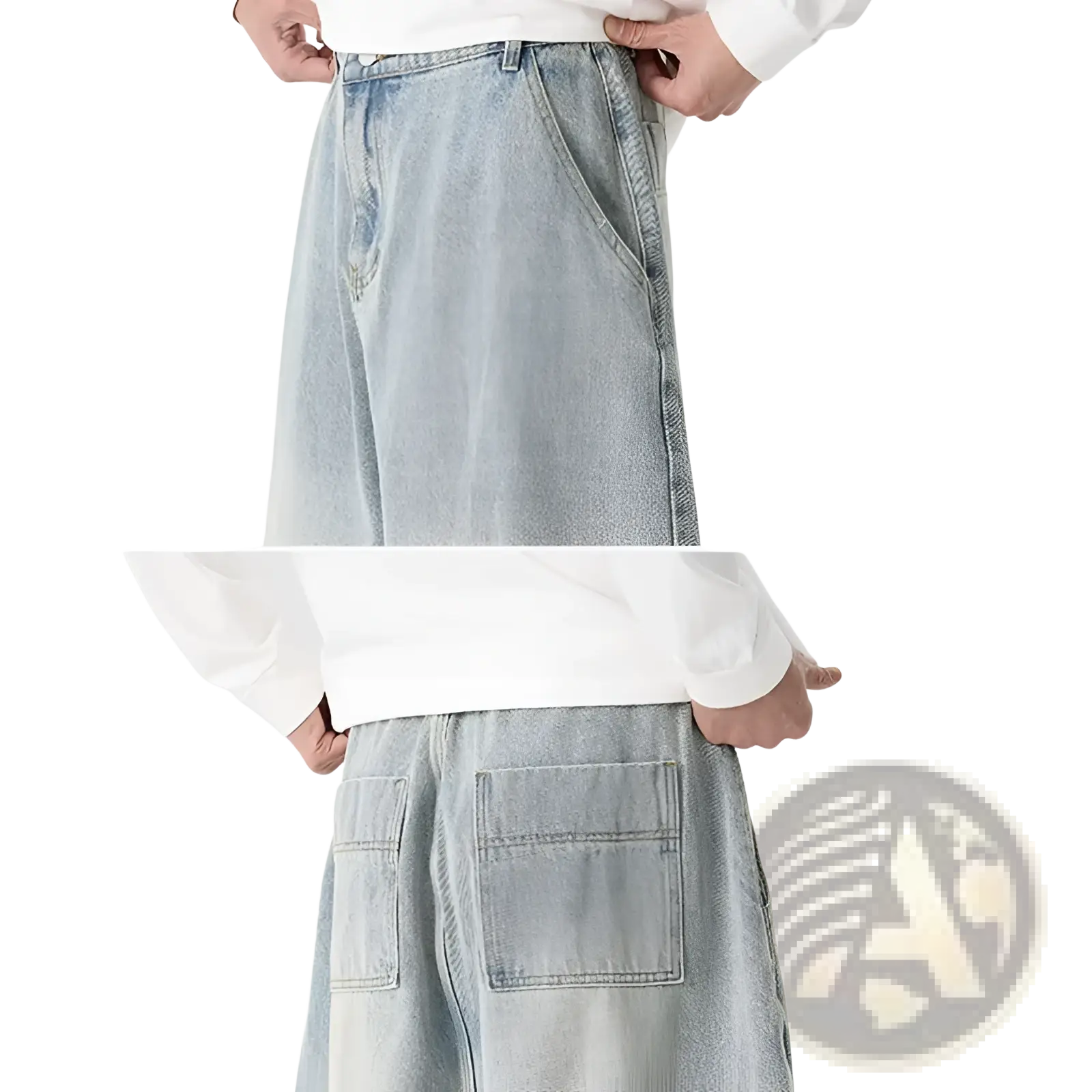 Men plus size japanese retro wide leg jeans featuring light-wash denim wide-leg pants with relaxed fit and visible stitching