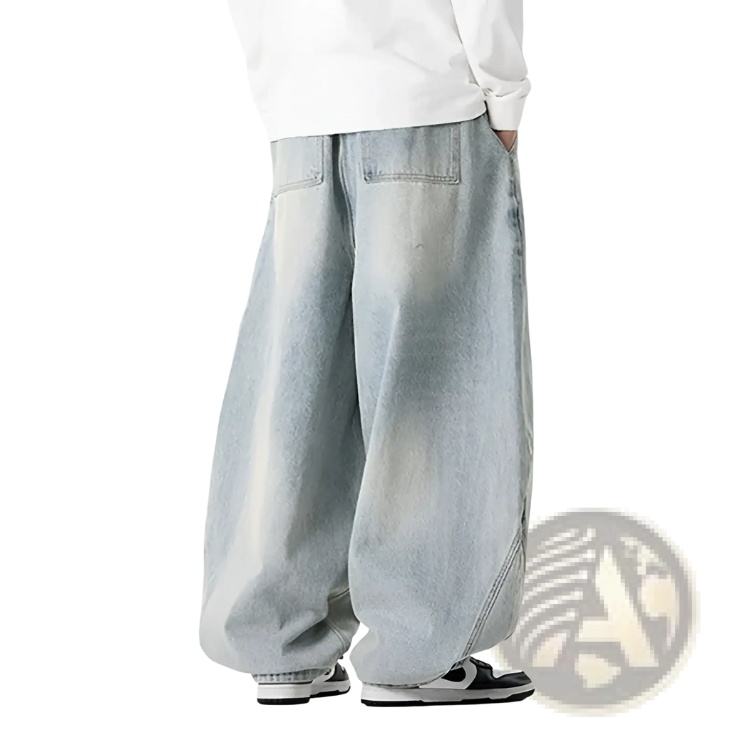 Men plus size japanese retro wide leg jeans in light-wash denim with relaxed tapered fit and visible stitching details