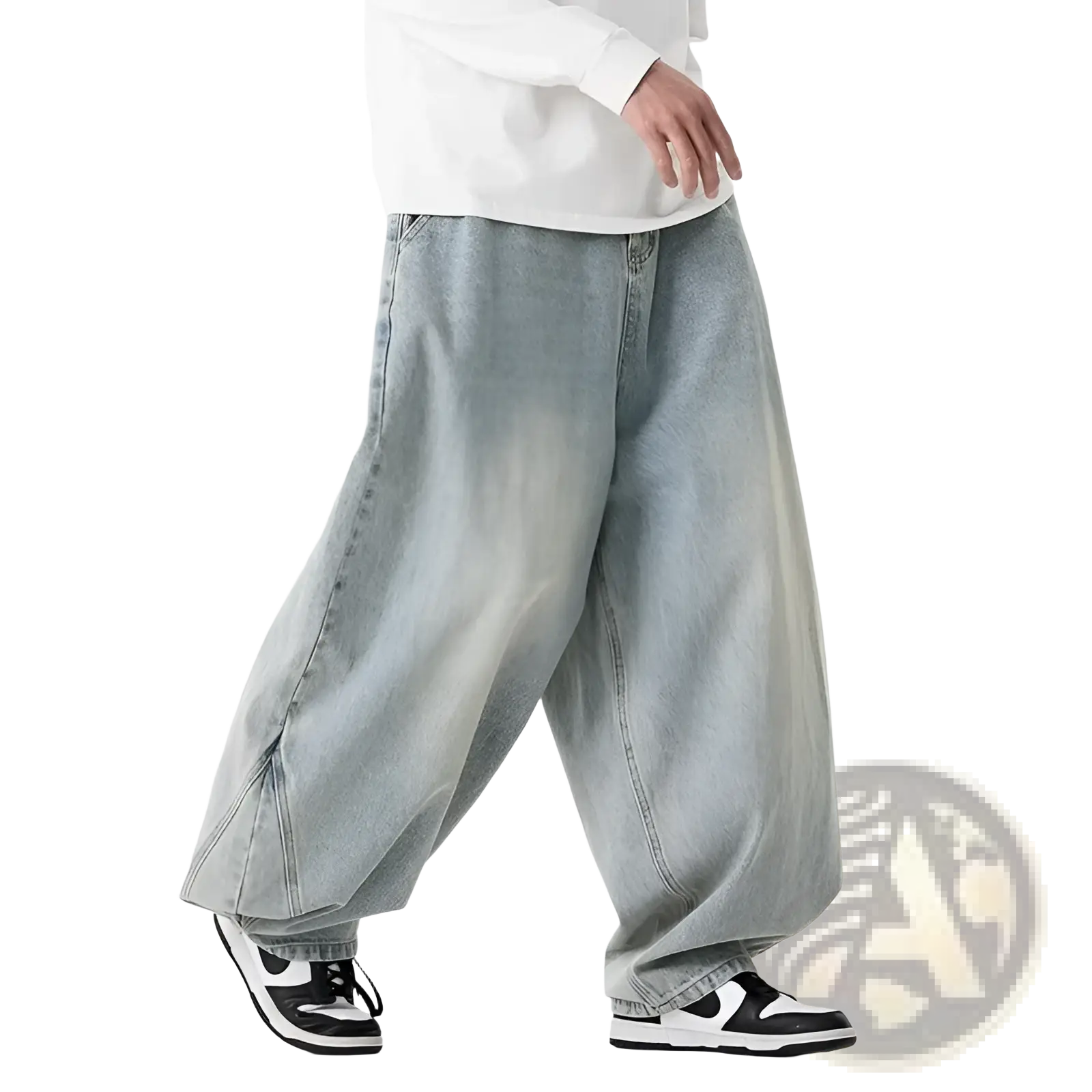 Men plus size japanese retro wide leg jeans in light wash denim with wide relaxed fit and subtle fading
