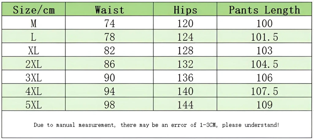 A table displaying size charts in centimeters for men plus size Japanese retro wide leg jeans from m to 5xl