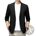 Men plus size black slim-fit linen blazer with two-button closure and rolled-up sleeves for casual wear