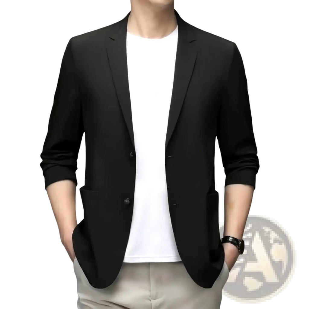 Black slim-fit men plus size linen blazer with two-button closure and rolled-up sleeves for casual wear