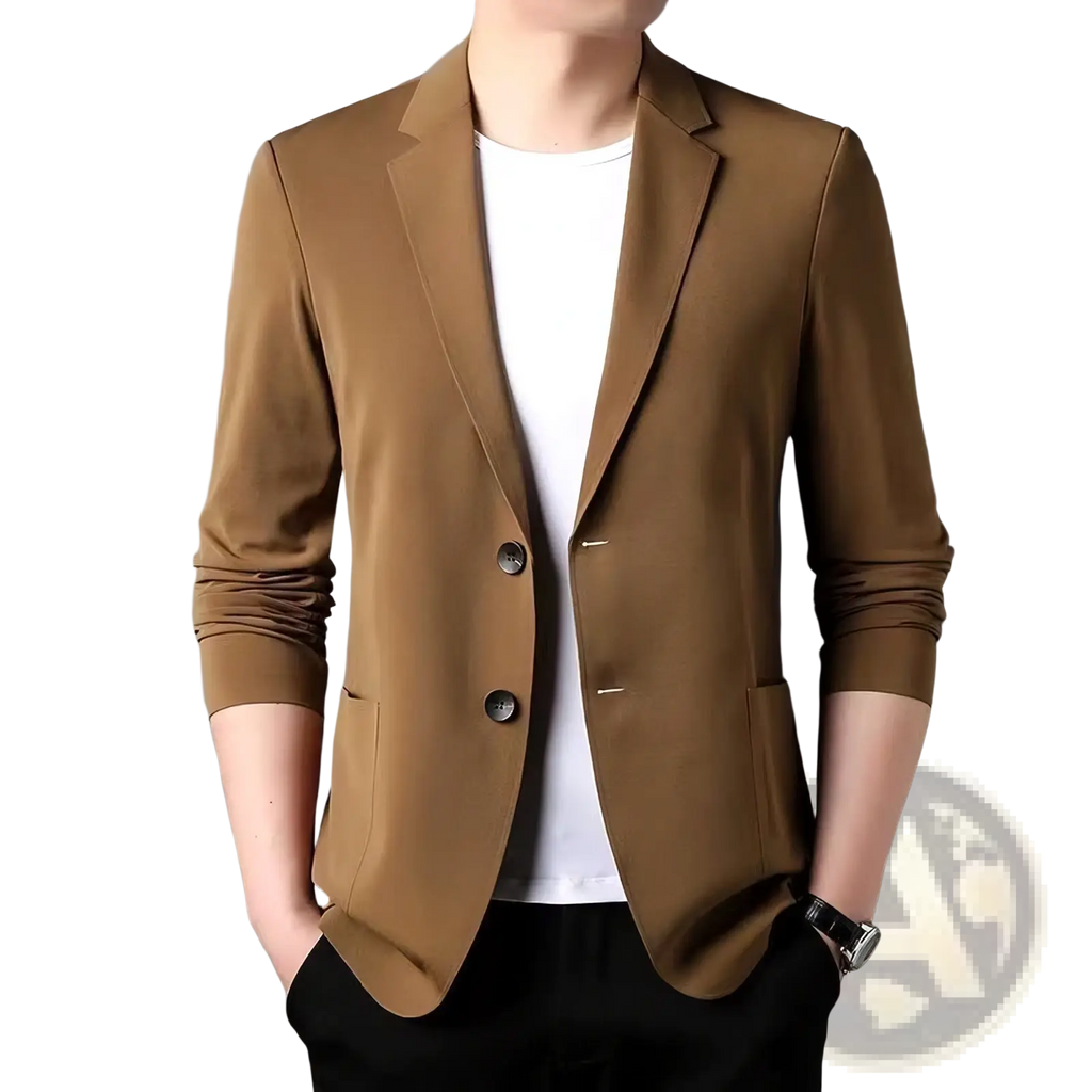 Men plus size camel linen blazer casual jacket with smooth fabric and two dark buttons