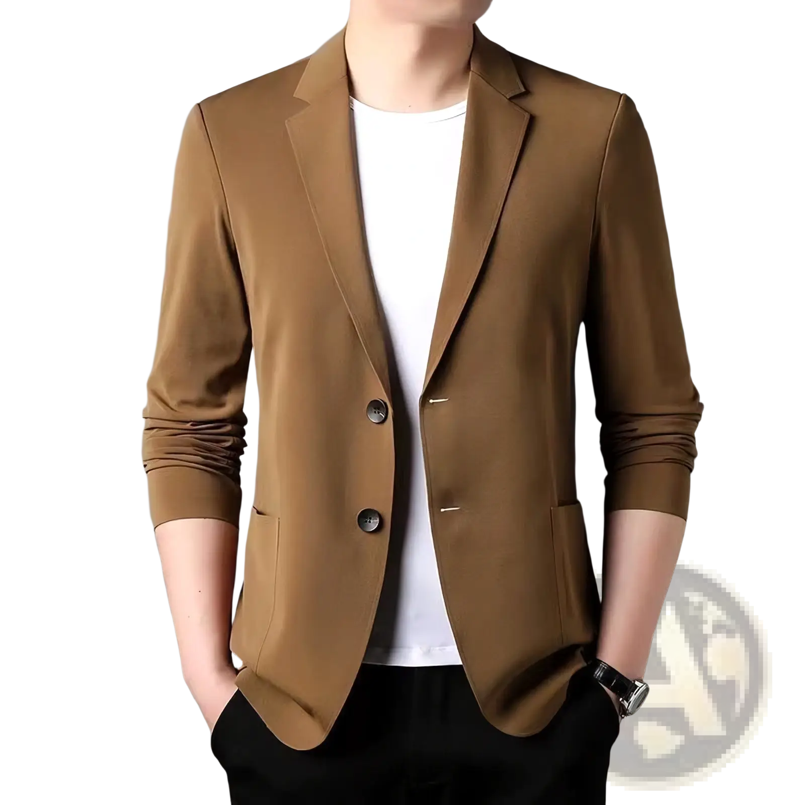 Men plus size camel linen blazer casual jacket with smooth fabric and two dark buttons