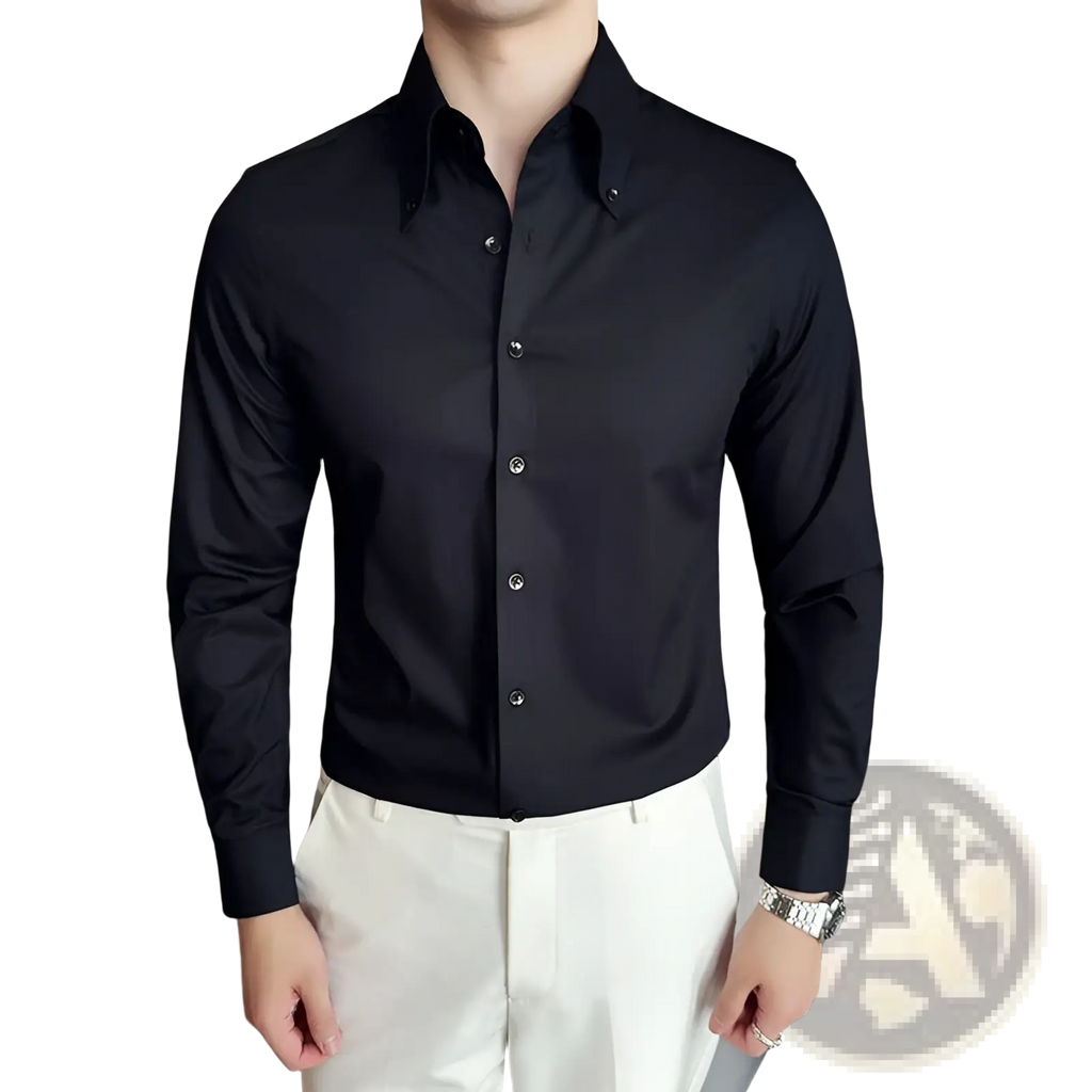 Black men plus size non-iron long-sleeved dress shirt with classic collar and button-down front