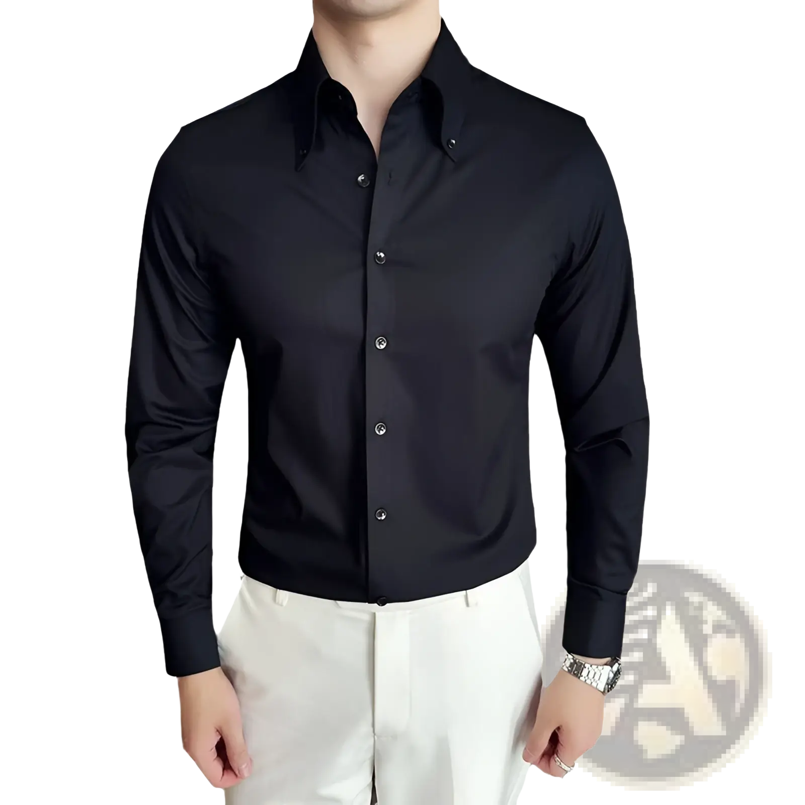 Men plus size black non-iron dress shirt with long sleeves button-down collar and silver buttons for formal wear
